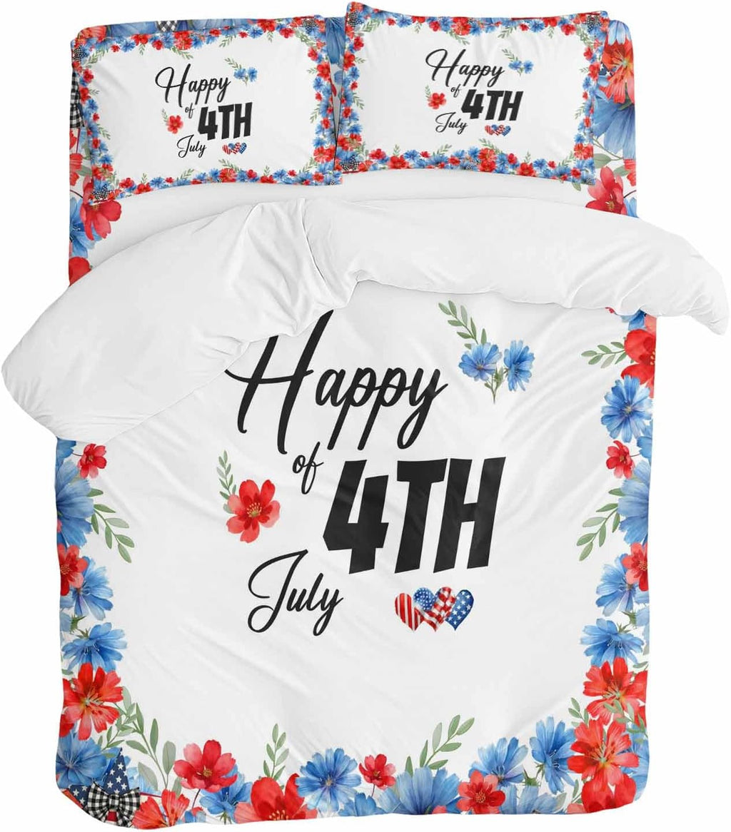 Prime Leader Happy of 4th July Duvet Cover Set Queen Size 4 Pieces Rustic Red Blue Floral Heart Bedding Set with Zipper Closure, 1 Comforter Cover 86x86 Inches 1 Flat Sheet & 2 Pillow Cases