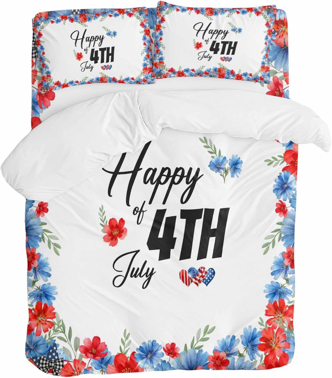 Prime Leader Happy of 4th July Duvet Cover Set Queen Size 4 Pieces Rustic Red Blue Floral Heart Bedding Set with Zipper Closure, 1 Comforter Cover 92x106 Inches 1 Flat Sheet & 2 Pillow Cases