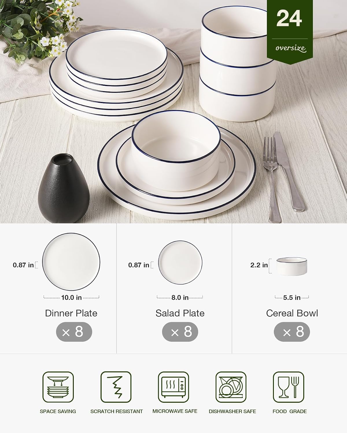 Famiware Porcelain Dinnerware Set, 24-Piece Modern Plate and Bowl Set, dish set for 8, Microwave and Dishwasher Safe Tableware, White with Blue Trim