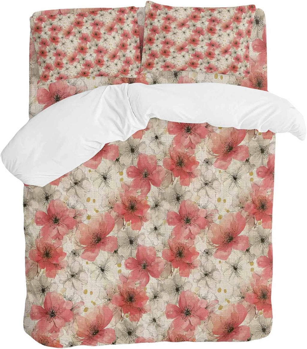 Spring Florals Duvet Cover Set Queen Size 4 Pieces Red White Floral Vintage Water Ink Painting Bedding Set with Zipper Closure, 1 Comforter Cover 90x92 Inches 1 Flat Sheet & 2 Pillow Cases