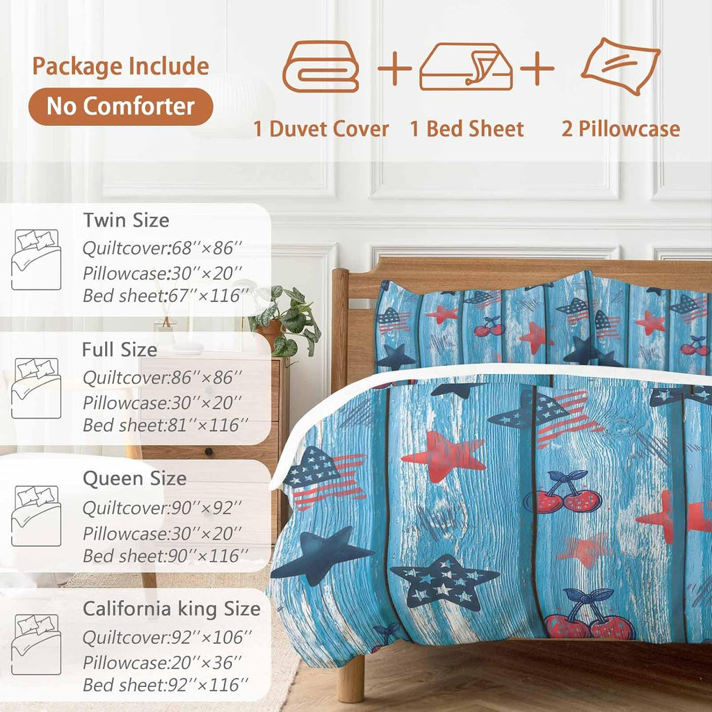 Independence Day Duvet Cover Set Queen Size 4 Pieces Graffiti Five-Pointed Star Blue Wood Grain Bedding Set with Zipper Closure, 1 Comforter Cover 90x92 Inches 1 Flat Sheet & 2 Pillow Cases