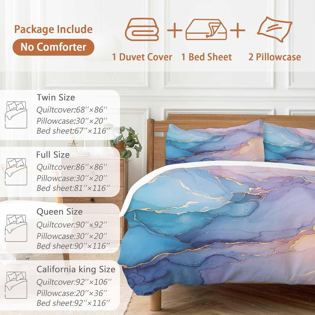 Pink Blue Marble Duvet Cover Set Queen Size 4 Pieces Abstract Marble Stone Texture Modern Style Bedding Set with Zipper Closure, 1 Comforter Cover 90x92 Inches 1 Flat Sheet & 2 Pillow Cases