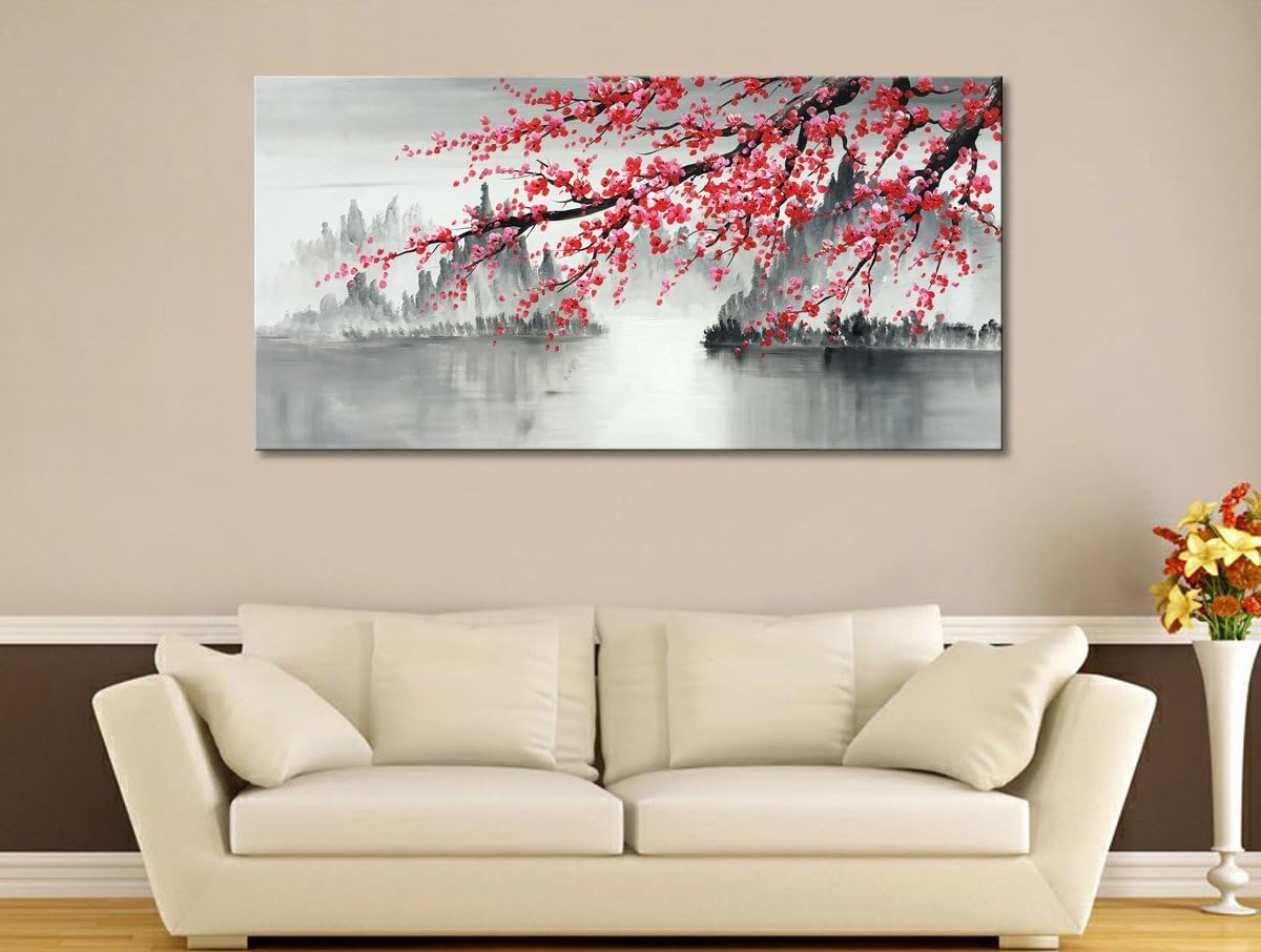 Large Traditional Chinese Painting Hand Painted Plum Blossom Canvas Wall Art Modern Black and White Landscape Oil Painting for Living Room 60 x 30 inch