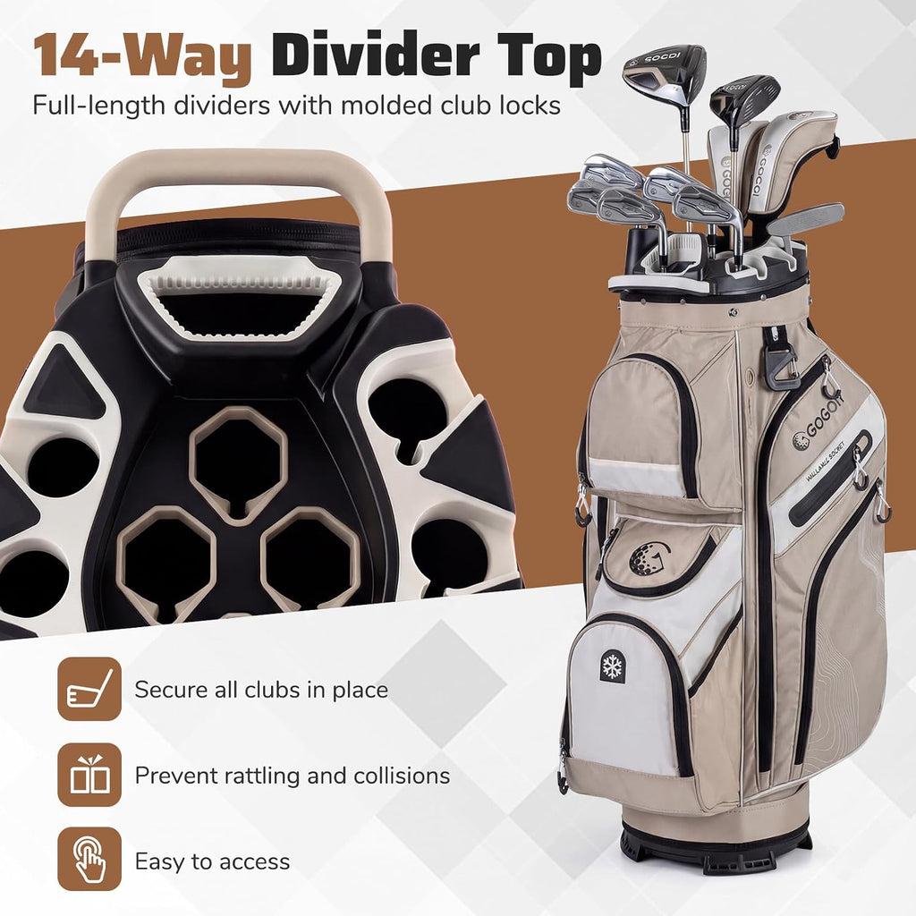 Goplus Lightweight Golf Cart Bag, Molded Lock Top Golf Club Bag w/14-Way Full Length Organizer Dividers, 11 Pockets, Cooler Bag, Straps, Umbrella Holder & Rain Hood for Men Women