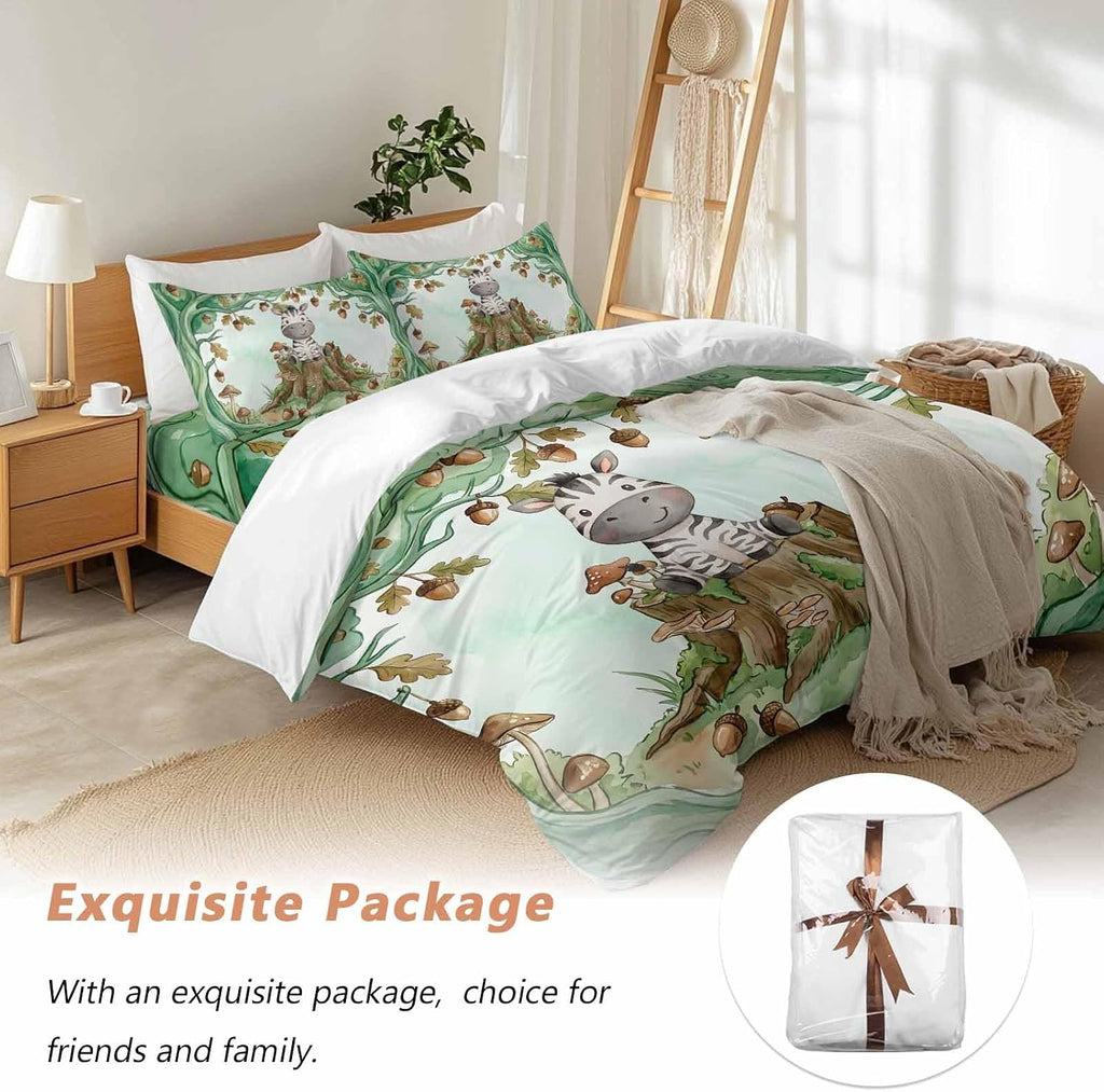 Cartoon Small Zebra Duvet Cover Set Queen Size 4 Pieces Watercolor Forest Animal Acorn Green Tree Bedding Set with Zipper Closure, 1 Comforter Cover 86x86 Inches 1 Flat Sheet & 2 Pillow Cases