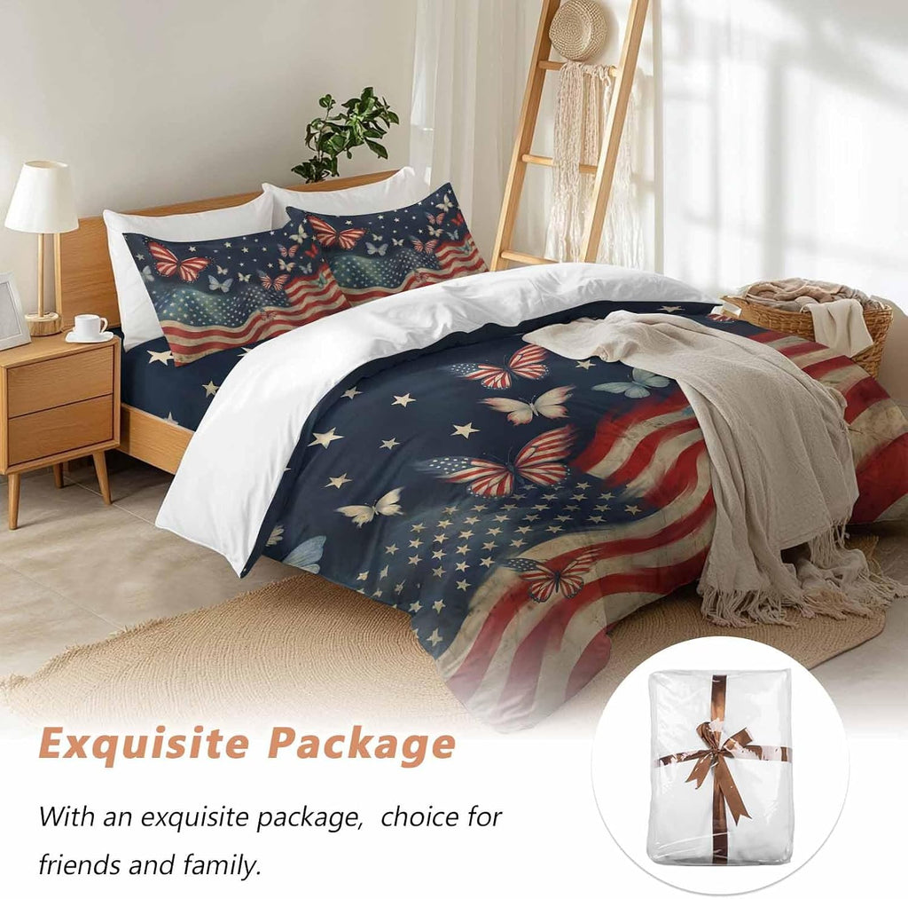 4th of July Duvet Cover Set Queen Size 4 Pieces Independence Day Patriotic Butterfly American Flag Bedding Set with Zipper Closure, 1 Comforter Cover 86x86 Inches 1 Flat Sheet & 2 Pillow Cases