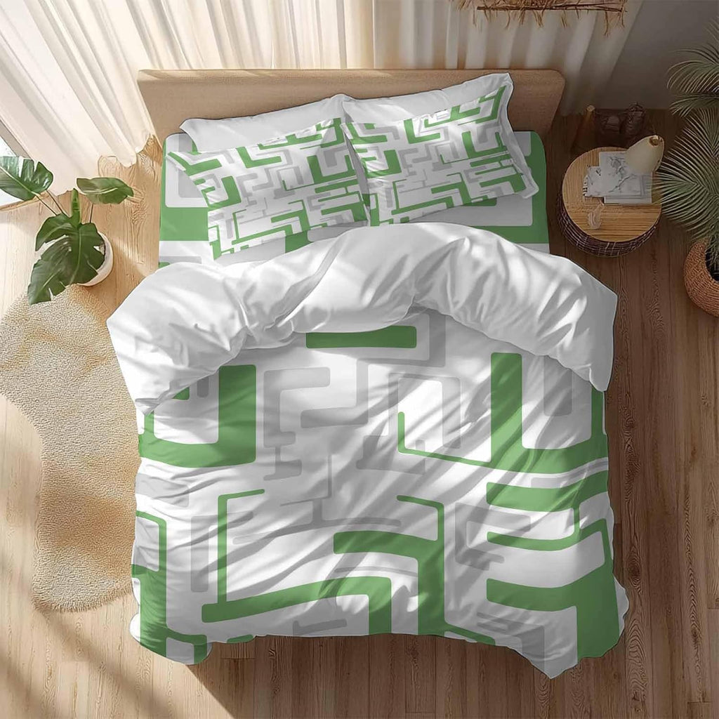 Prime Leader Green Gray Geometric Stripes Duvet Cover Set Queen Size 4 Pieces Modern Abstract Lines Maze Bedding Set with Zipper Closure, 1 Comforter Cover 92x106 Inches 1 Flat Sheet & 2 Pillow Cases