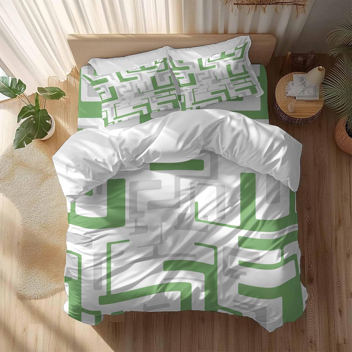 Prime Leader Green Gray Geometric Stripes Duvet Cover Set Queen Size 4 Pieces Modern Abstract Lines Maze Bedding Set with Zipper Closure, 1 Comforter Cover 92x106 Inches 1 Flat Sheet & 2 Pillow Cases