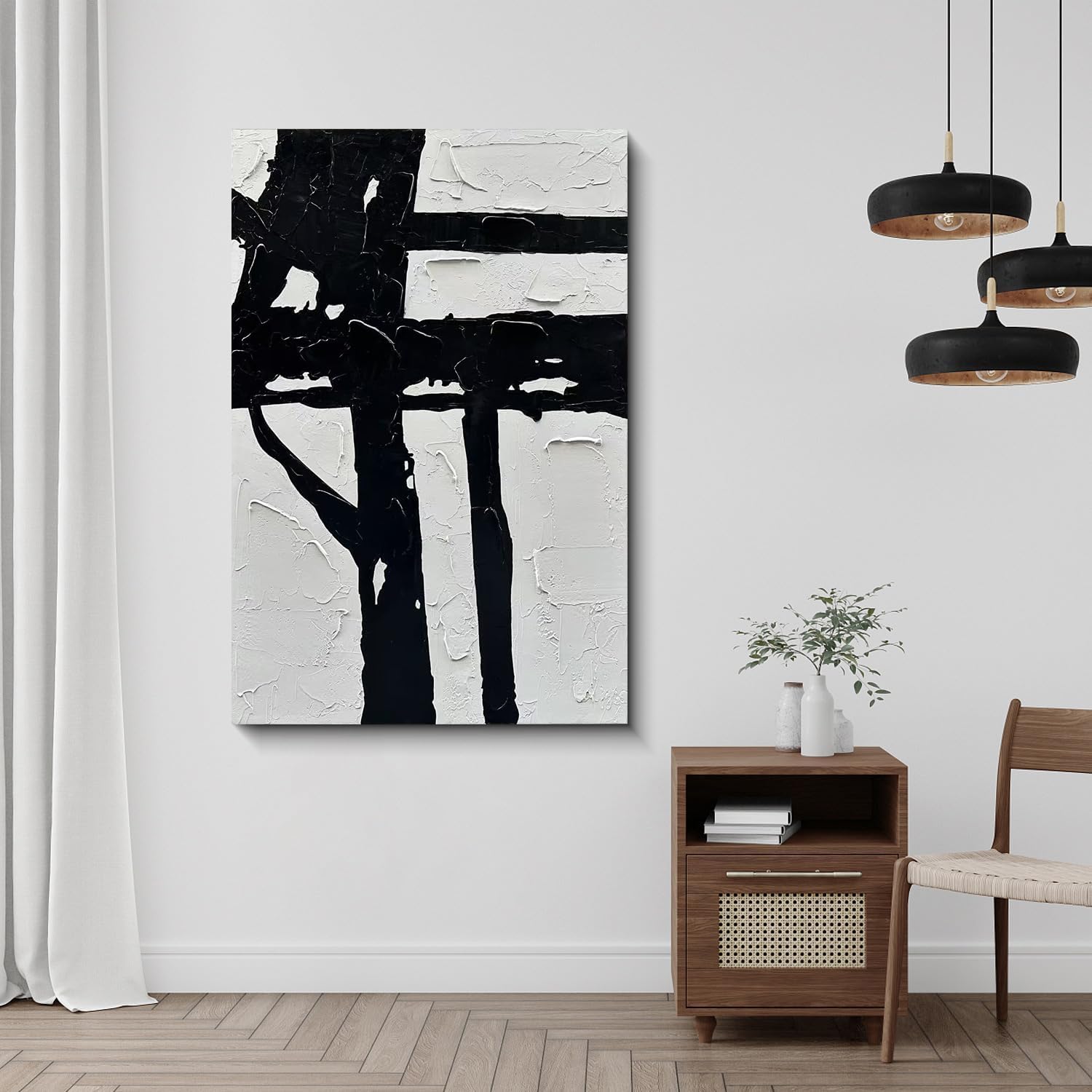 NANKAI Hand-Painted Black And White Abstract Wall Art Contemporary Minimalist Oil Painting Art 45x30 inch Large Painting Art For Home Walls Living Room Hallway Wall Decoration