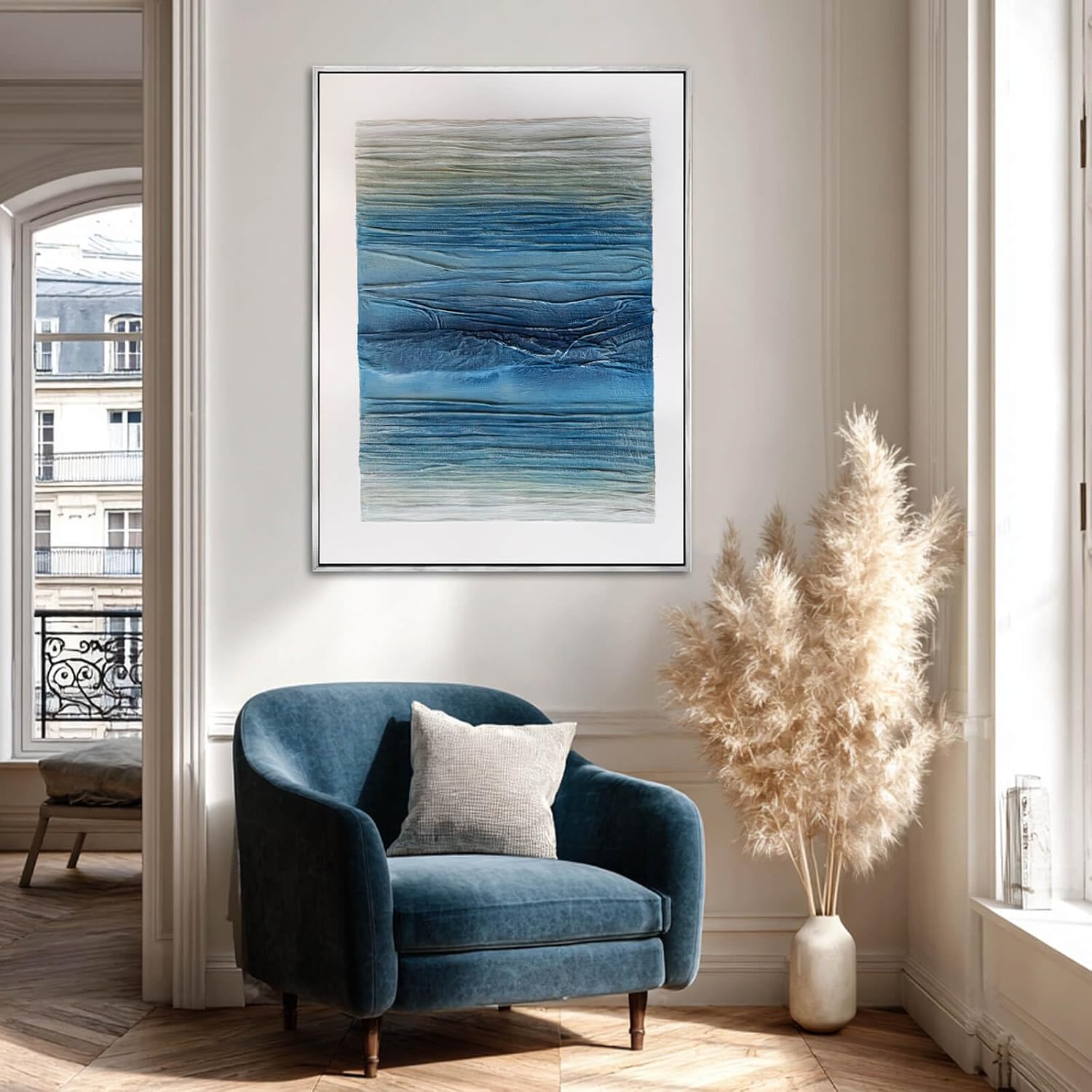 SHEYOYE Blue Canvas Wall Art, 36x48 Hand-Painted Oil Painting, Textured Wall Art, Ready to Hang, for Living Room, Bedroom, Study