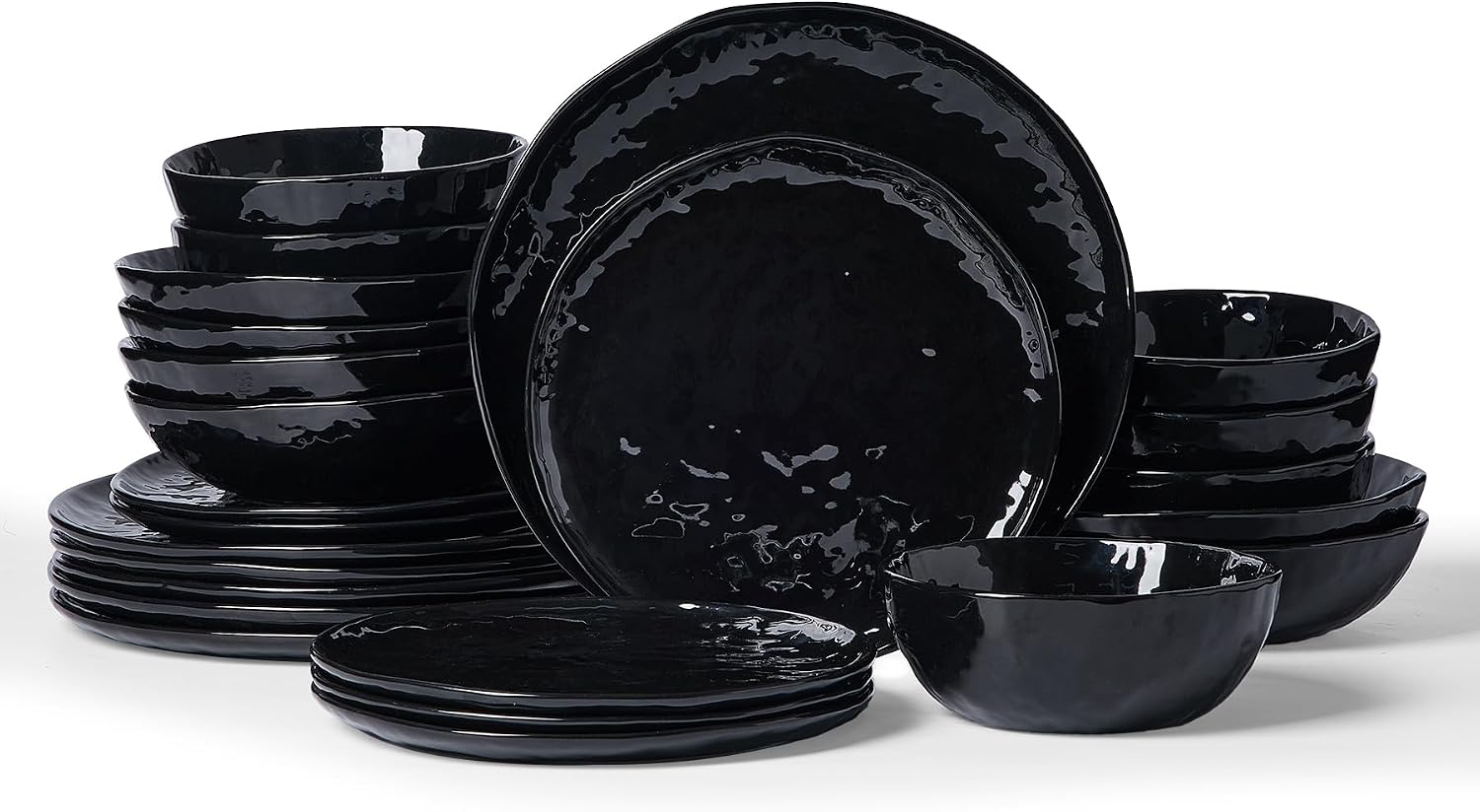 Famiware Porcelain kitchen plates and bowls set, Modern dishes set for 6, Handmade Wave Edge Dinnerware Sets, Microwave and Dishwasher Safe Tableware, Glossy-black (24pc)