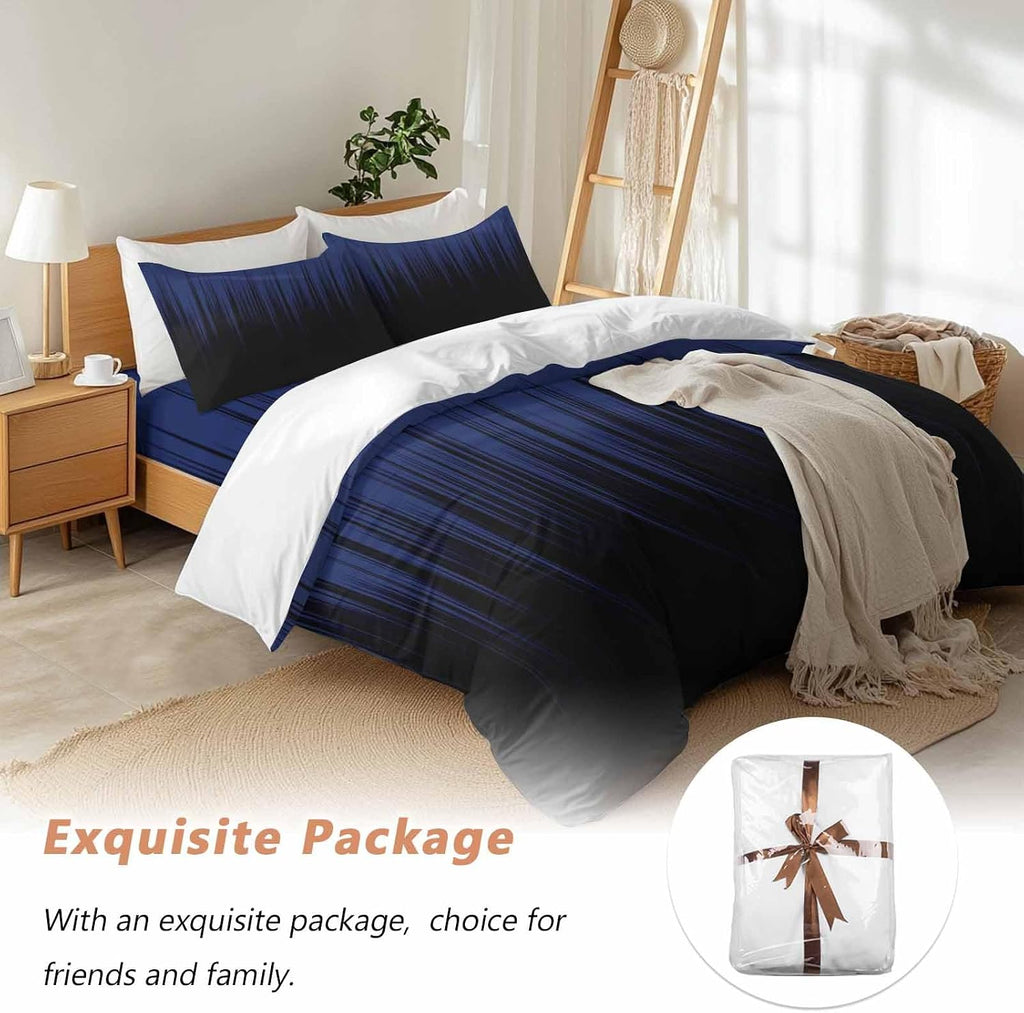 Prime Leader Navy Blue Black Ombre Duvet Cover Set Queen Size 4 Pieces Abstract Modern Lines Gradient Bedding Set with Zipper Closure, 1 Comforter Cover 90x92 Inches 1 Flat Sheet & 2 Pillow Cases