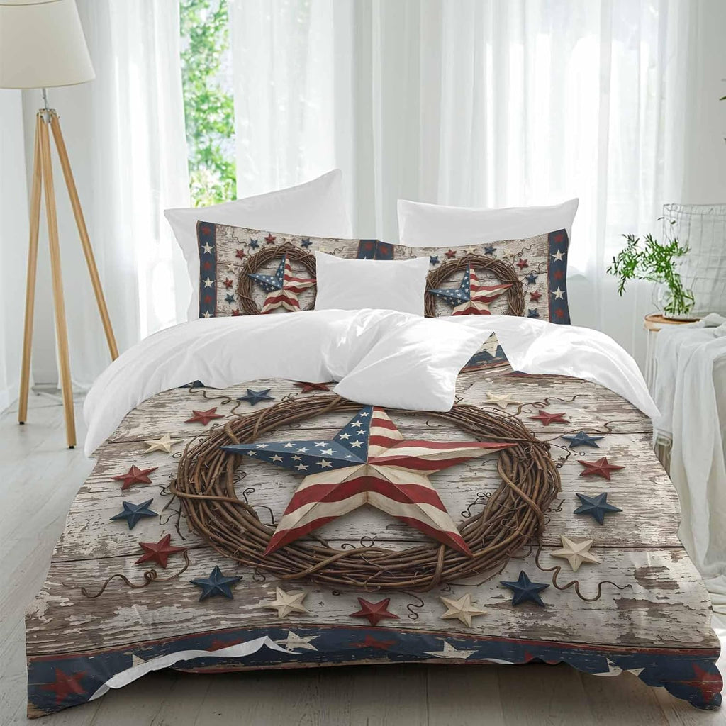 Independence Day Duvet Cover Set Queen Size 4 Pieces Usa Flag Stars Vine Wreath Rustic Wood Grain Bedding Set with Zipper Closure, 1 Comforter Cover 90x92 Inches 1 Flat Sheet & 2 Pillow Cases