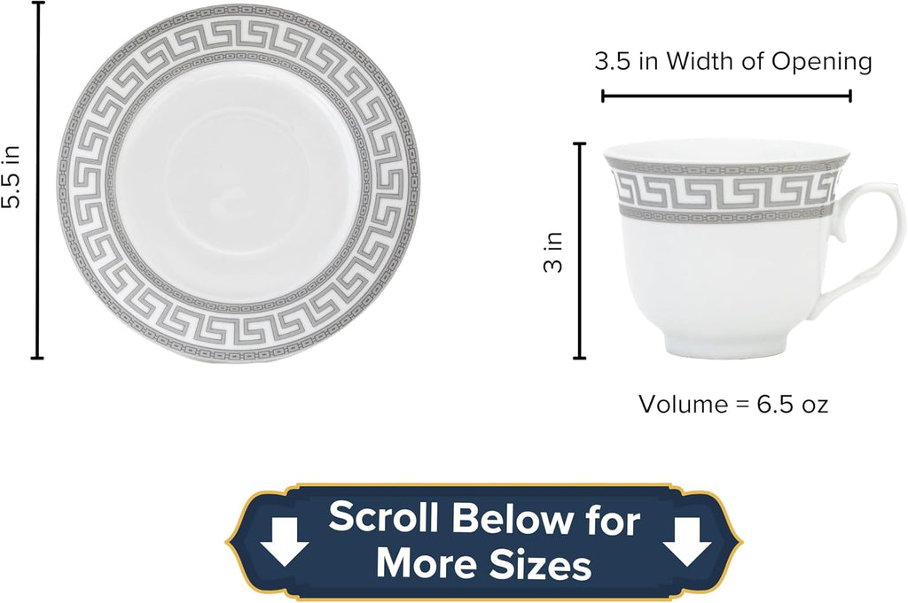 Dinnerware Set for 8-57 Pieces White and Silver Greek Key Design - Vintage Porcelain Plates, Bowls, Cups and Saucers - For Everyday Use and Special Occasions (Meander Silver 2057)