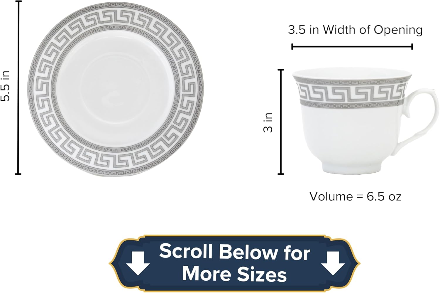 Dinnerware Set for 8-57 Pieces White and Silver Greek Key Design - Vintage Porcelain Plates, Bowls, Cups and Saucers - For Everyday Use and Special Occasions (Meander Silver 2057)