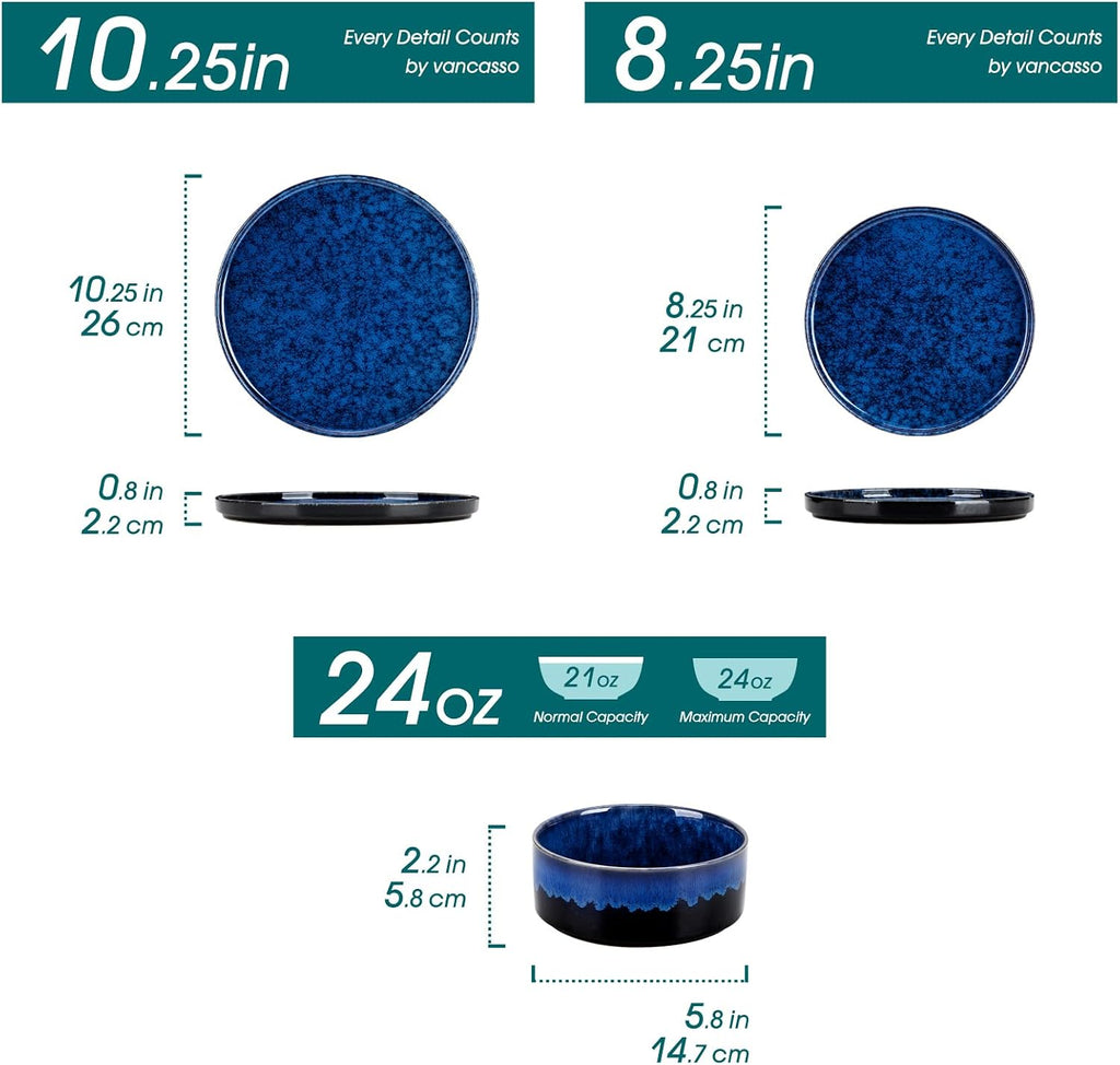 vancasso Plates and Bowls Sets for 6, 18 Pieces Blue Dinnerware Sets for Kitchen, Modern Stoneware Dishes Set, Dishwasher and Microwave Safe, Series Starry