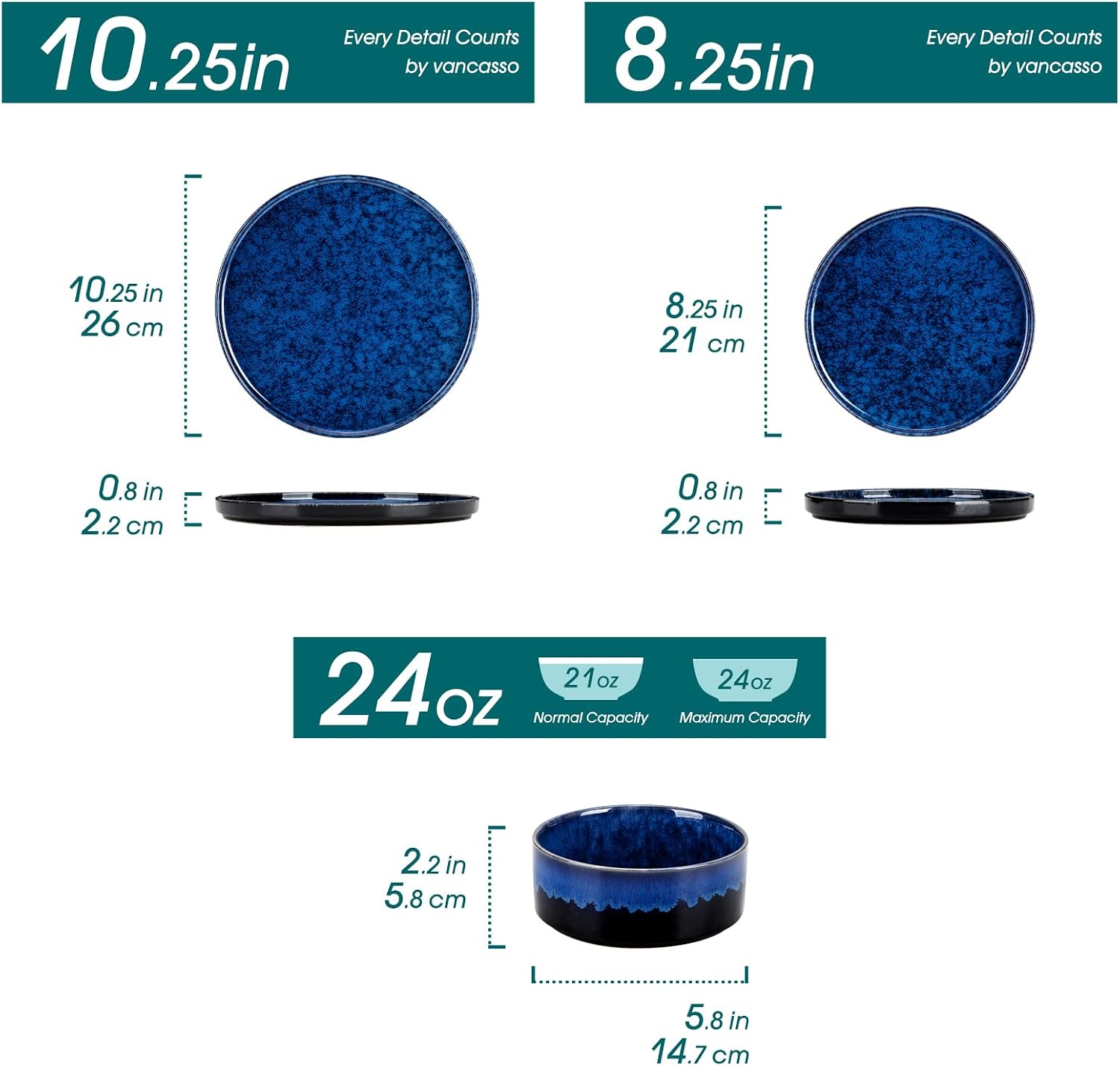 vancasso Plates and Bowls Sets for 6, 18 Pieces Blue Dinnerware Sets for Kitchen, Modern Stoneware Dishes Set, Dishwasher and Microwave Safe, Series Starry