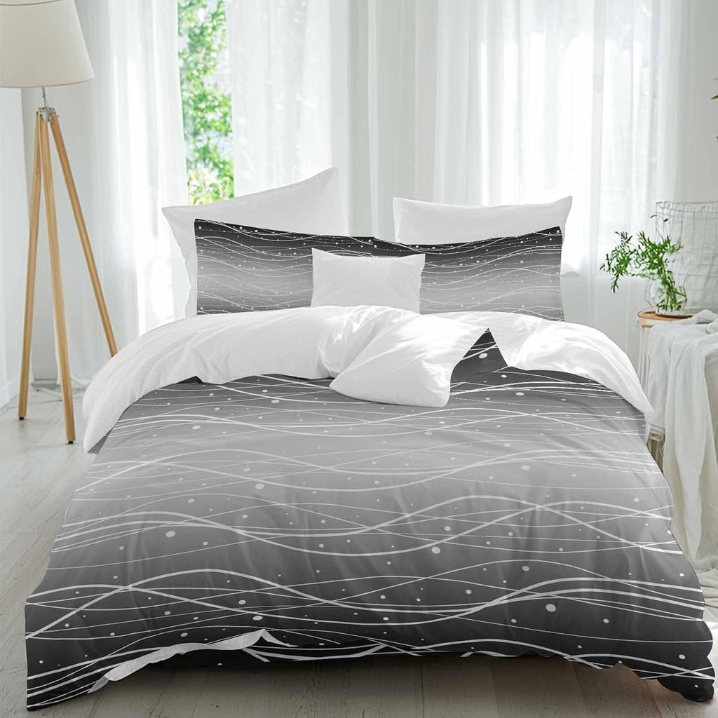 Gradient Black White Duvet Cover Set Queen Size 4 Pieces Wave Line Dots Modern Abstract Simple Bedding Set with Zipper Closure, 1 Comforter Cover 92x106 Inches 1 Flat Sheet & 2 Pillow Cases