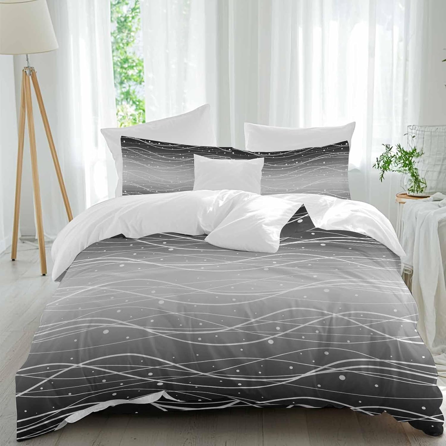 Gradient Black White Duvet Cover Set Queen Size 4 Pieces Wave Line Dots Modern Abstract Simple Bedding Set with Zipper Closure, 1 Comforter Cover 92x106 Inches 1 Flat Sheet & 2 Pillow Cases