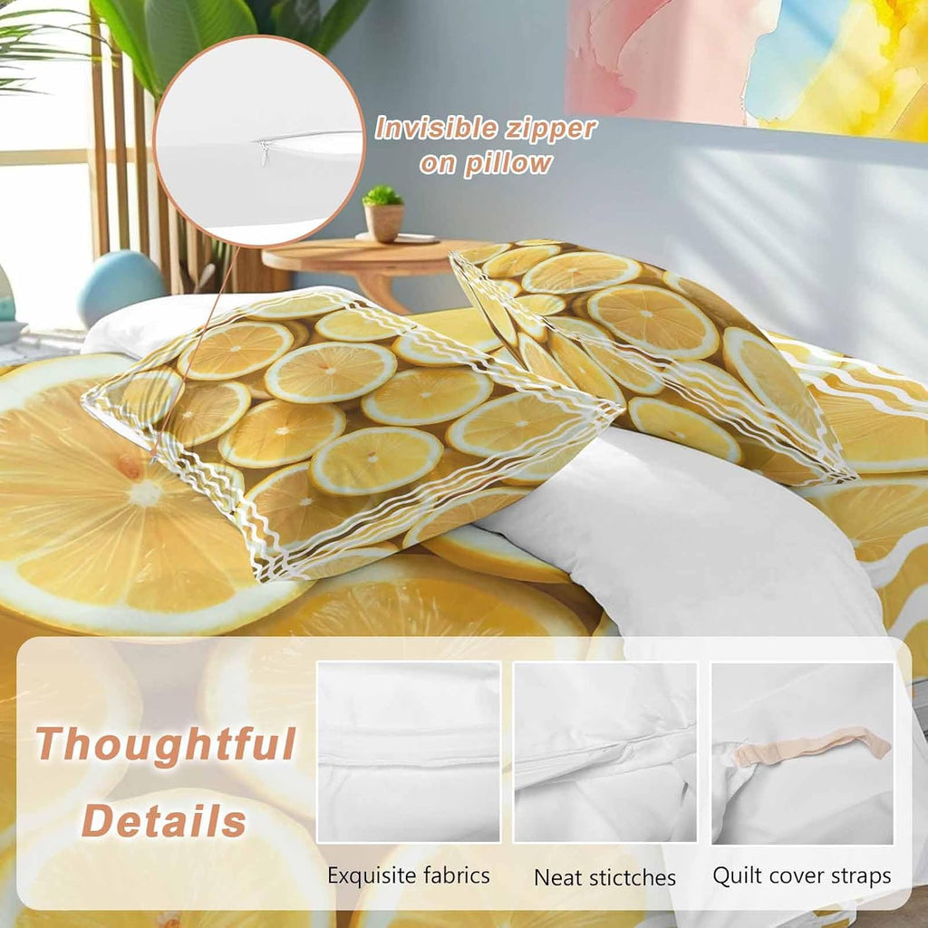 Yellow Lemon Duvet Cover Set Queen Size 4 Pieces Retro Country Watercolor Fruit Farmhouse Stripes Bedding Set with Zipper Closure, 1 Comforter Cover 92x106 Inches 1 Flat Sheet & 2 Pillow Cases