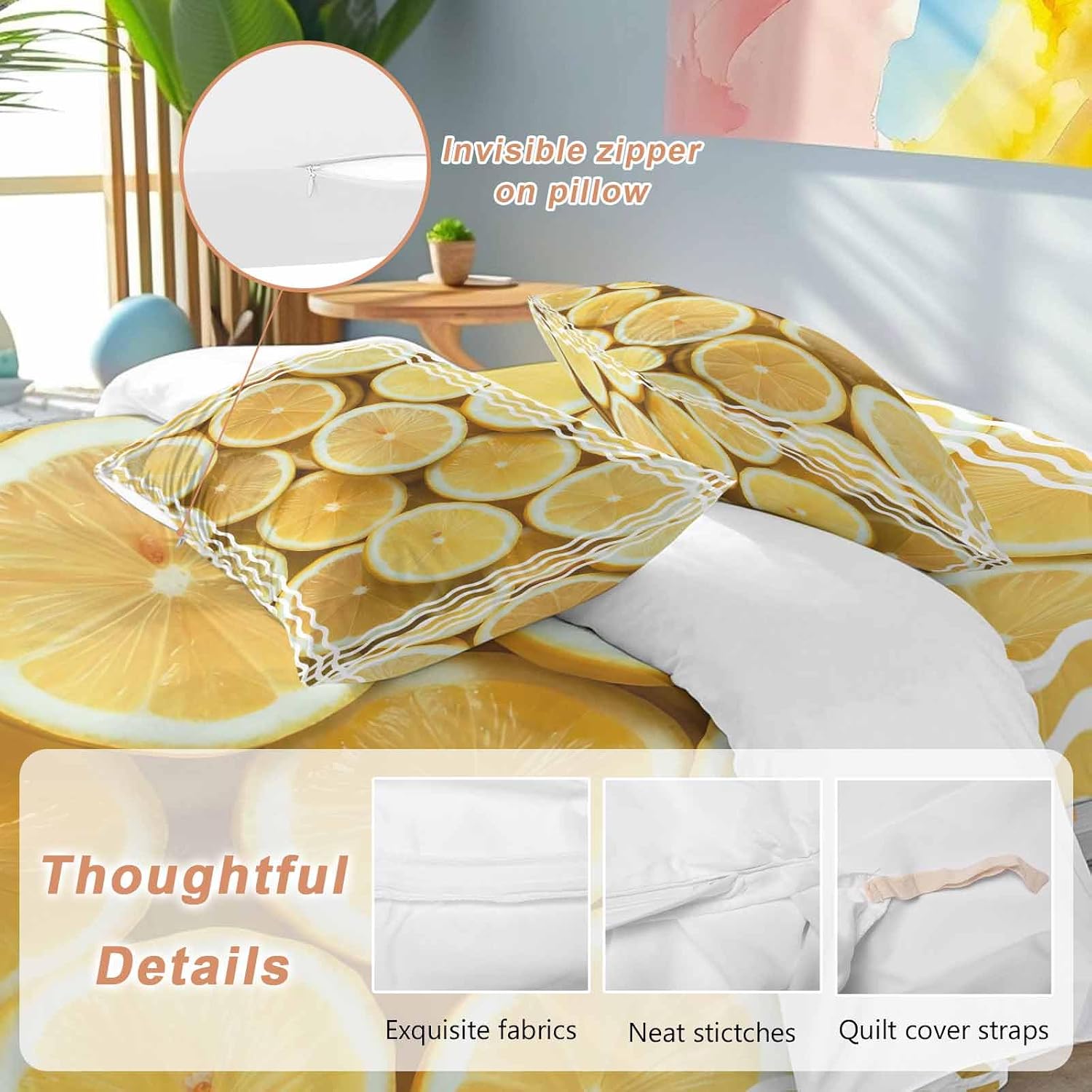 Yellow Lemon Duvet Cover Set Queen Size 4 Pieces Retro Country Watercolor Fruit Farmhouse Stripes Bedding Set with Zipper Closure, 1 Comforter Cover 86x86 Inches 1 Flat Sheet & 2 Pillow Cases
