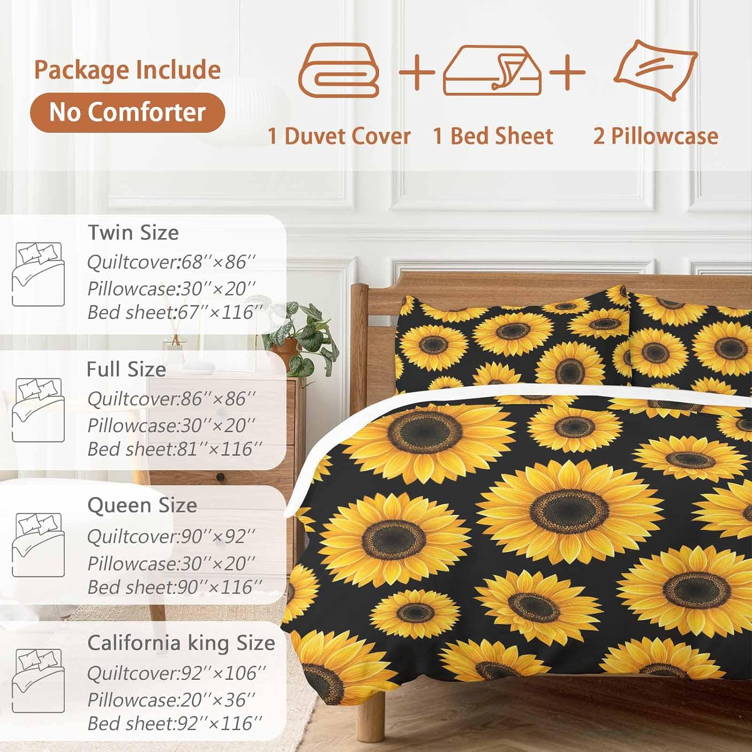 Yellow Sunflowers Duvet Cover Set Queen Size 4 Pieces Black Background Abstract Vintage Floral Bedding Set with Zipper Closure, 1 Comforter Cover 90x92 Inches 1 Flat Sheet & 2 Pillow Cases