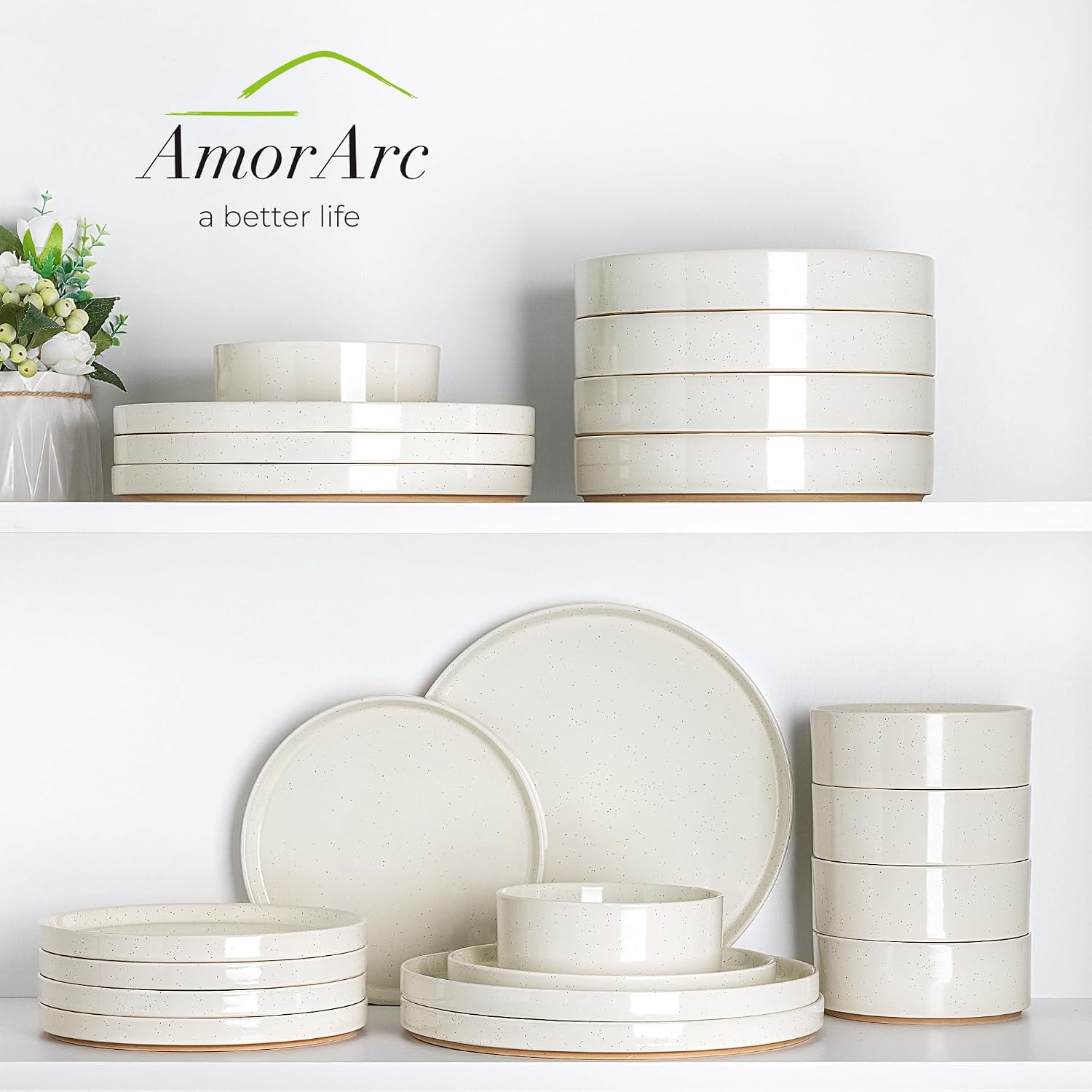 AmorArc Ceramic Dinnerware Set for 8 | Speckled Stoneware Plates and Bowls with Rustic Terracotta Underside| Scratch Resistant,Dishwasher & Microwave Safe Dishes Sets- 24pcs