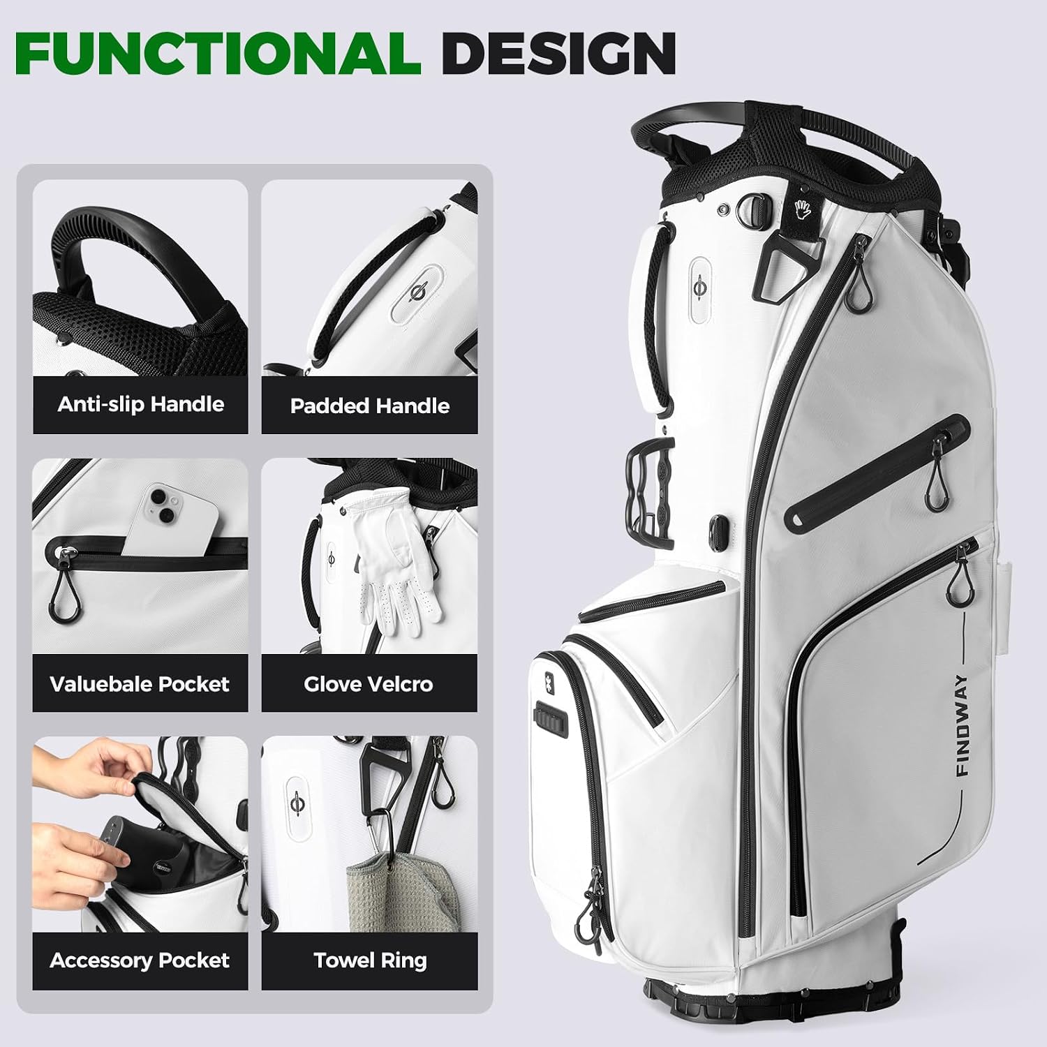 Findway 14 Way Golf Stand Bag, Lightweight Golf Bag with Stand for Men Women, Golf Club Carry Bag with Dual Strap, Rain Cover, Multiple Pockets, Golf Ball Holder