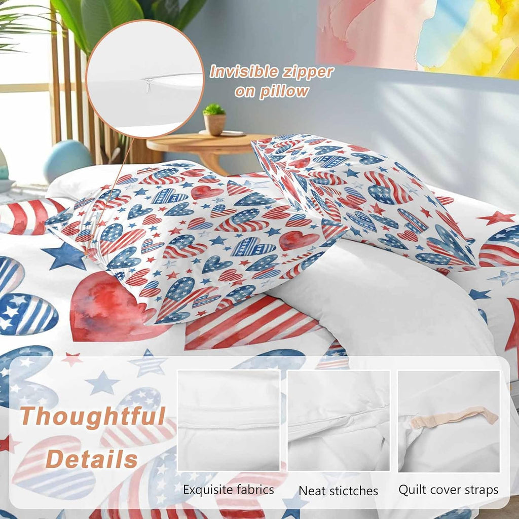 Independence Day Duvet Cover Set Queen Size 4 Pieces U. S. Flag Themed Love Heart Five-Pointed Stars Bedding Set with Zipper Closure, 1 Comforter Cover 86x86 Inches 1 Flat Sheet & 2 Pillow Cases