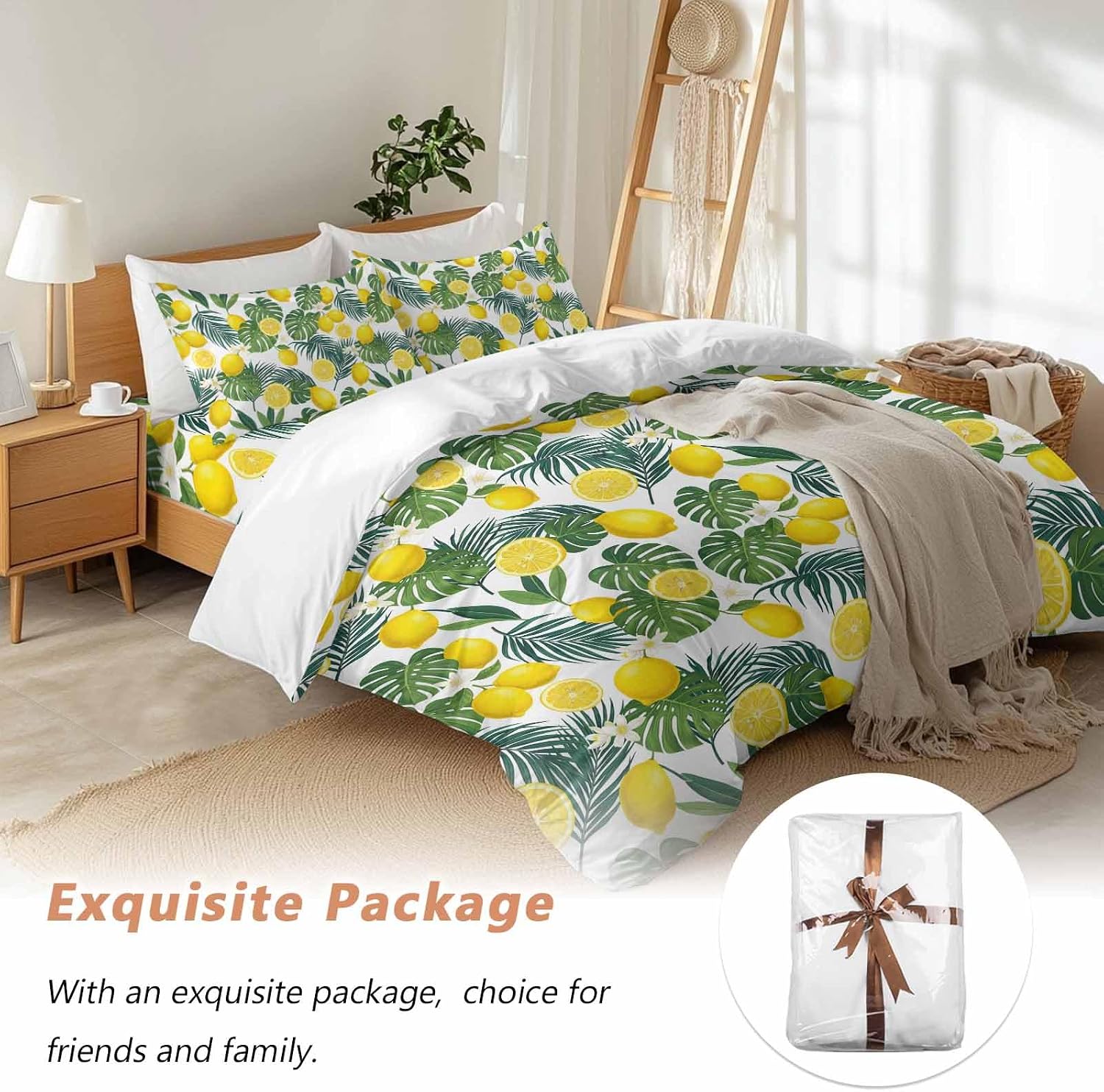 Prime Leader Lemon Leaf Duvet Cover Set Queen Size 4 Pieces Watercolor Lemon Floral Monstera Leaf Bedding Set with Zipper Closure, 1 Comforter Cover 90x92 Inches 1 Flat Sheet & 2 Pillow Cases