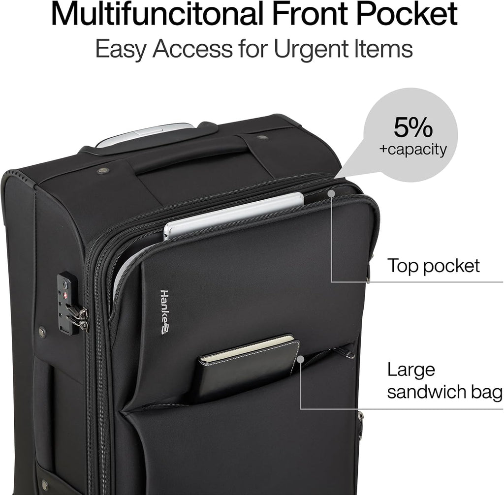 Hanke 3 Piece Luggage Sets Softside Expandable Carry On Luggage Set Travel Suitcase Sets with Spinner Wheels TSA Approved Luggage(Black, 20in/24in/28in)