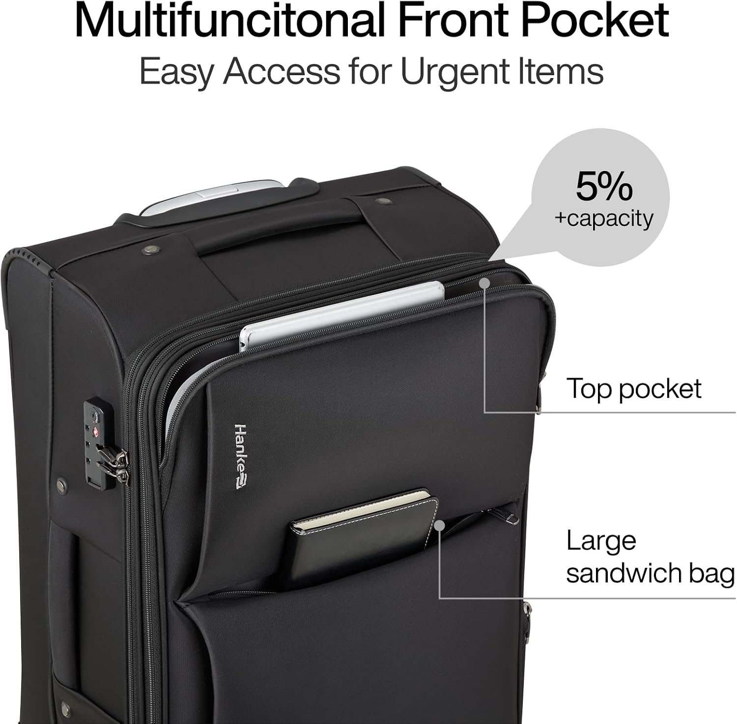 Hanke 3 Piece Luggage Sets Softside Expandable Carry On Luggage Set Travel Suitcase Sets with Spinner Wheels TSA Approved Luggage(Black, 20in/24in/28in)