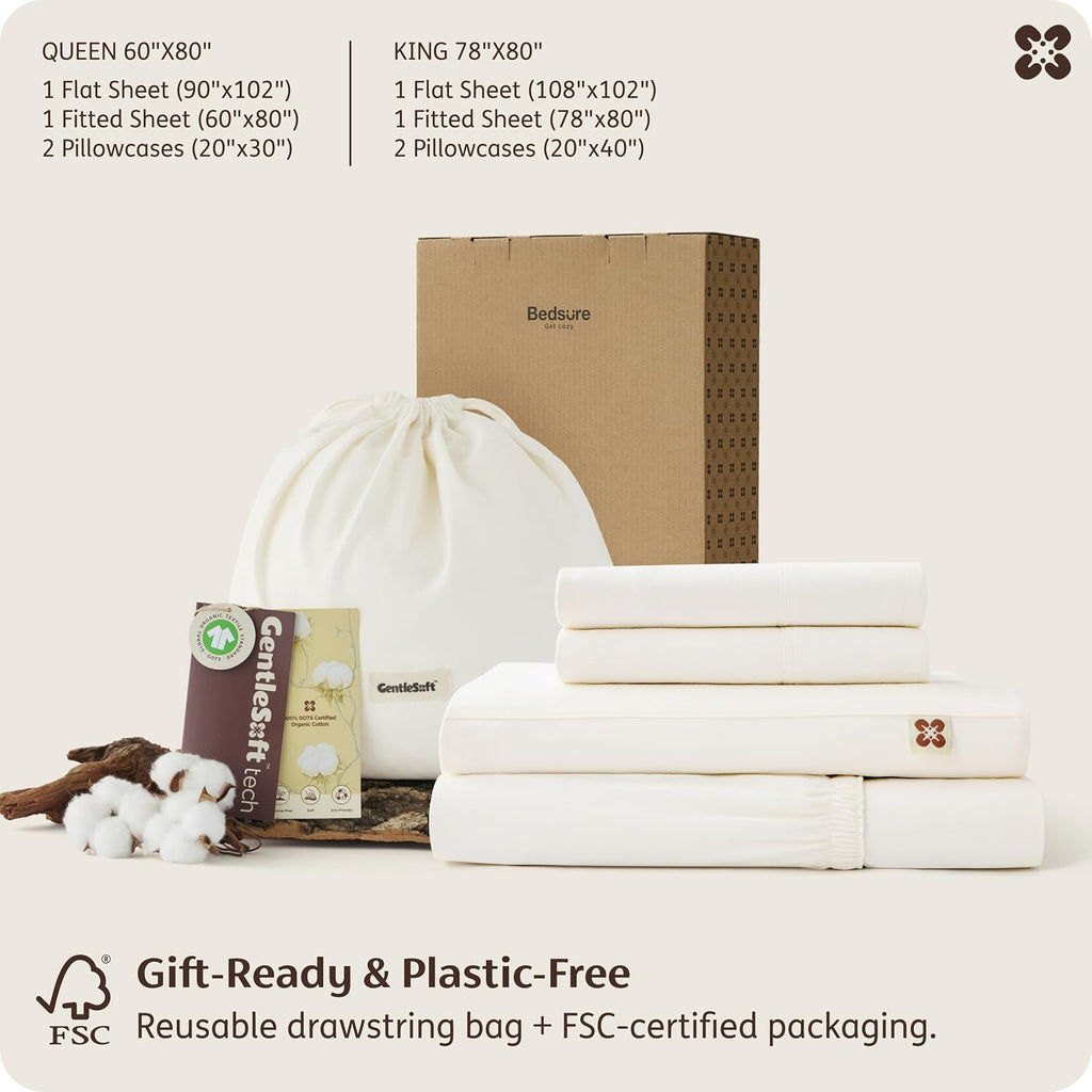 Bedsure 100% GOTS Certified Organic Cotton Sheets, King Size Sheets Set, 17' Deep Pocket Bedsheets with Corner Straps, Eco-Friendly, Soft, Breathable & Luxury PureWoven Cotton Hotel Bedding, Ivory