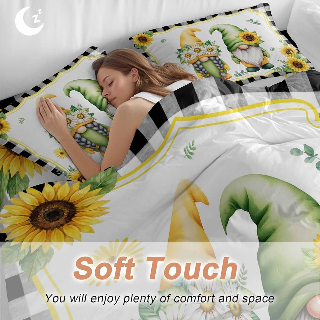 Prime Leader Summer Dwarfs Duvet Cover Set Queen Size 4 Pieces Yellow Sunflower Daisy Black Plaid Field Bedding Set with Zipper Closure, 1 Comforter Cover 90x92 Inches 1 Flat Sheet & 2 Pillow Cases
