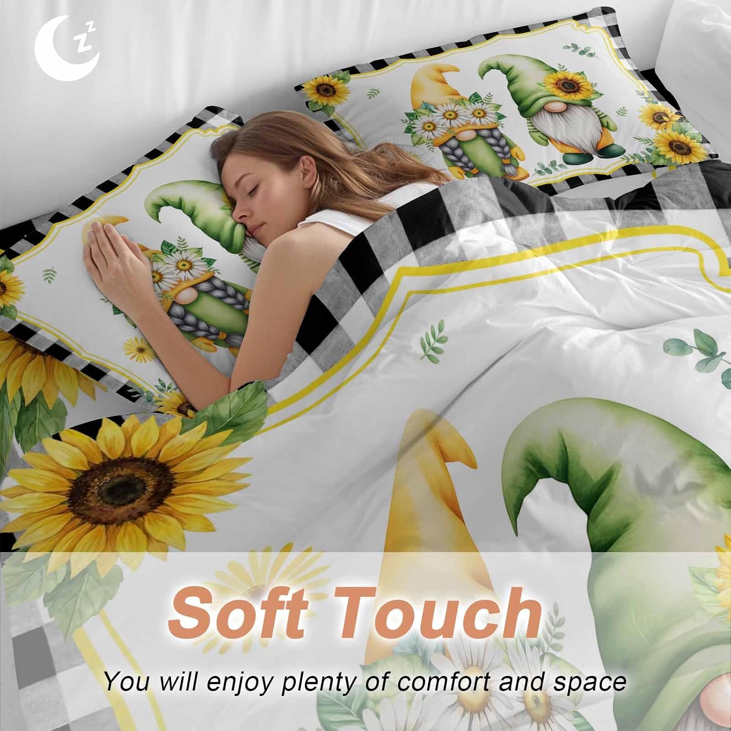 Prime Leader Summer Dwarfs Duvet Cover Set Queen Size 4 Pieces Yellow Sunflower Daisy Black Plaid Field Bedding Set with Zipper Closure, 1 Comforter Cover 90x92 Inches 1 Flat Sheet & 2 Pillow Cases