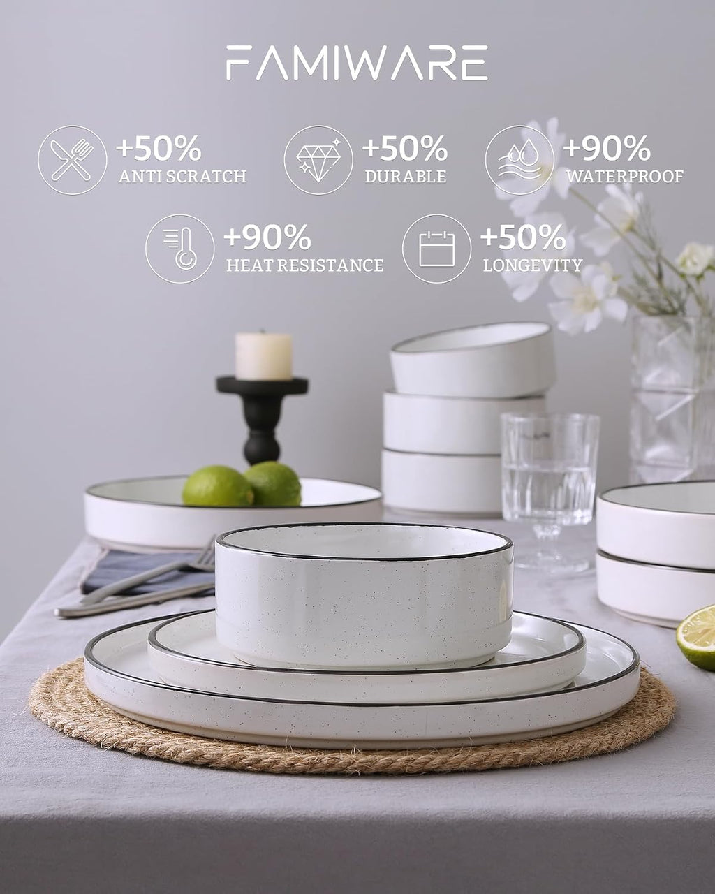 Famiware Nebula Plates and Bowls Set, 24 Pieces Dinnerware Sets, Dishes Set for 8, White with Black Rim