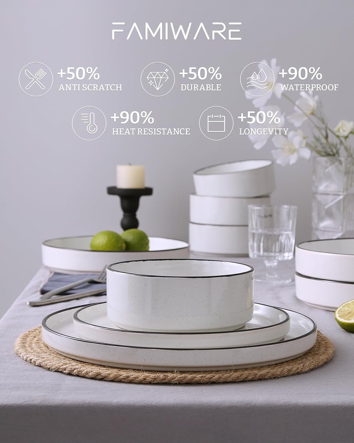 Famiware Nebula Plates and Bowls Set, 24 Pieces Dinnerware Sets, Dishes Set for 8, White with Black Rim