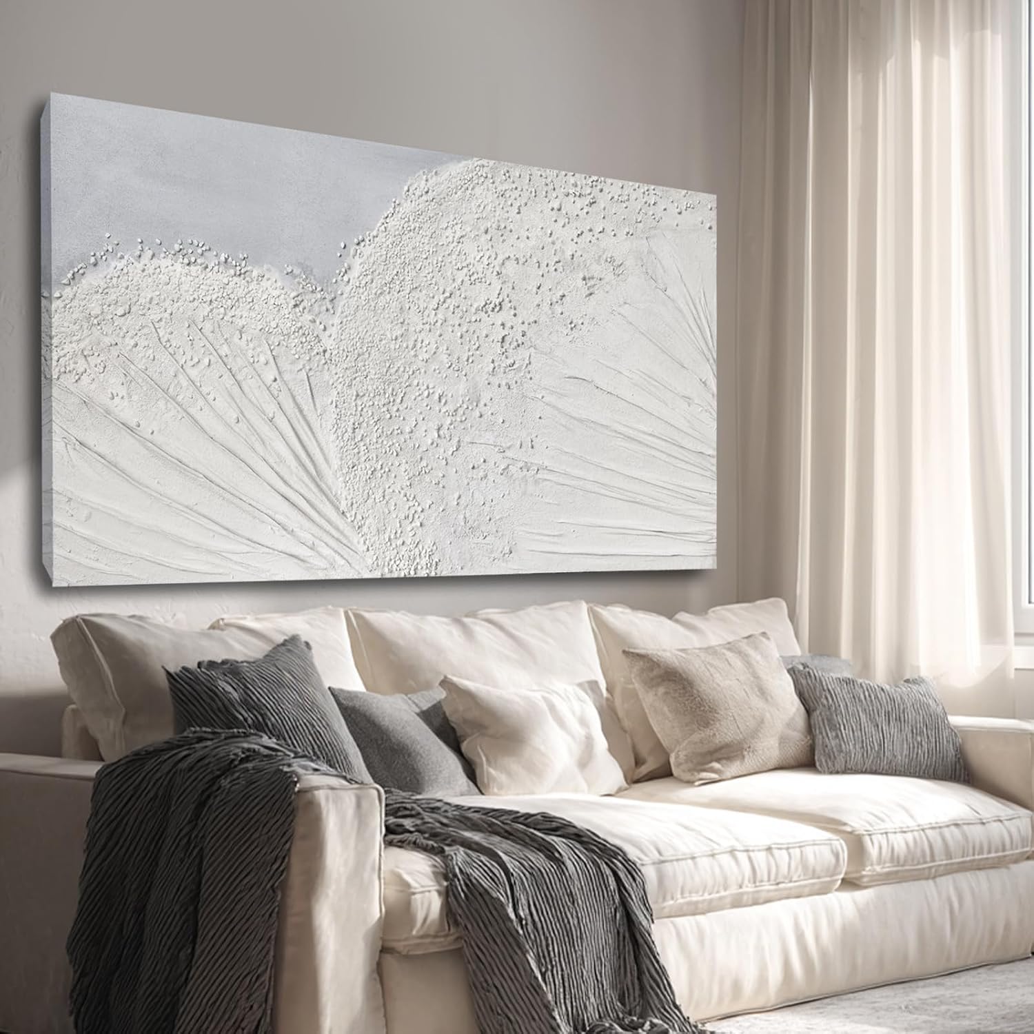 SHEYOYE Textured Wall Art Canvas 24x48 Inch, White Gray Hand Painted Modern Minimalist Neutral Wall Decor, Canvas Wall Art for Living Room Bedroom, Gallery Wrapped Ready to Hang