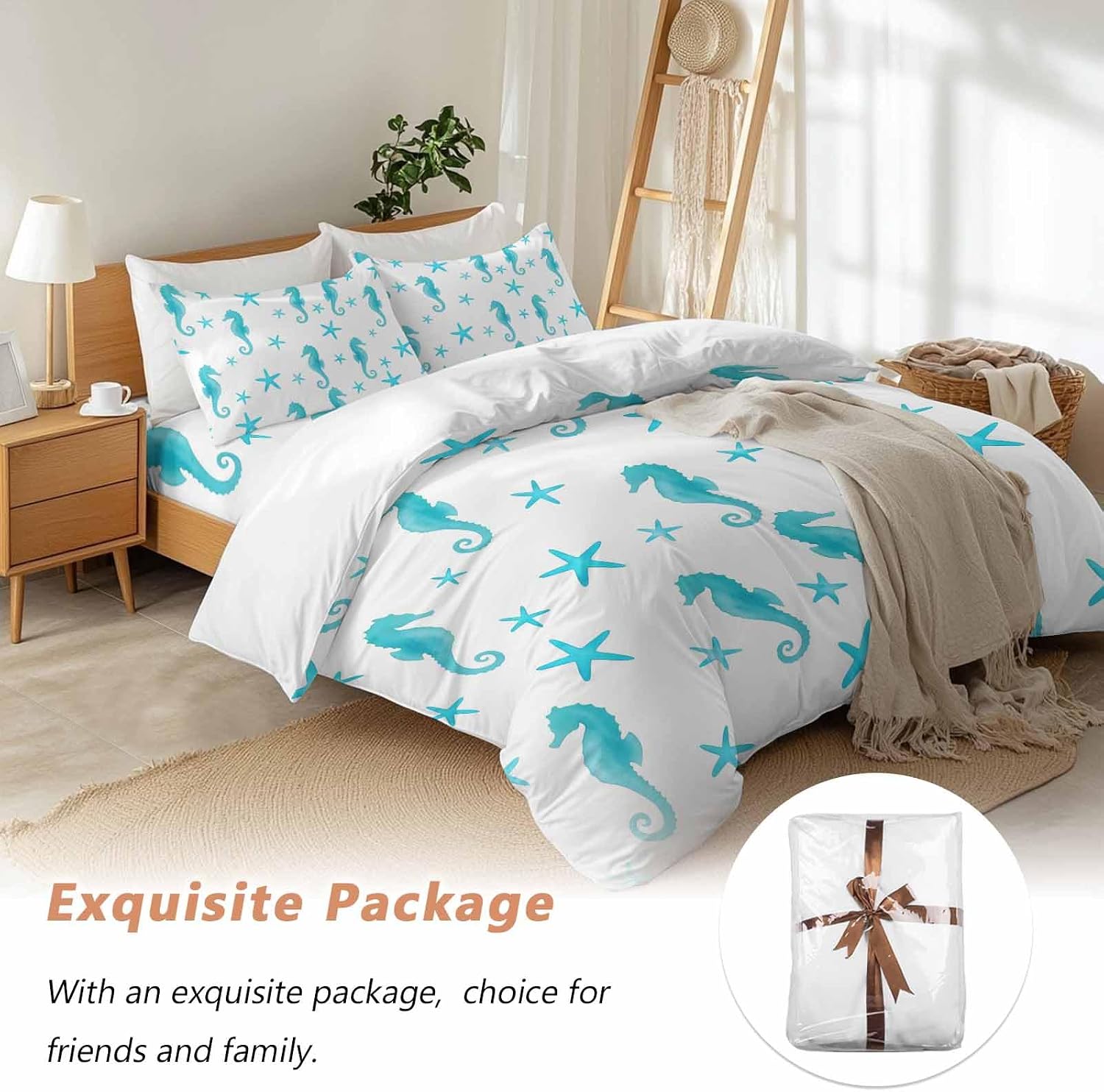 Turquoise Marine Life Duvet Cover Set Queen Size 4 Pieces Summer Seahorse and Starfish Ocean Bedding Set with Zipper Closure, 1 Comforter Cover 92x106 Inches 1 Flat Sheet & 2 Pillow Cases