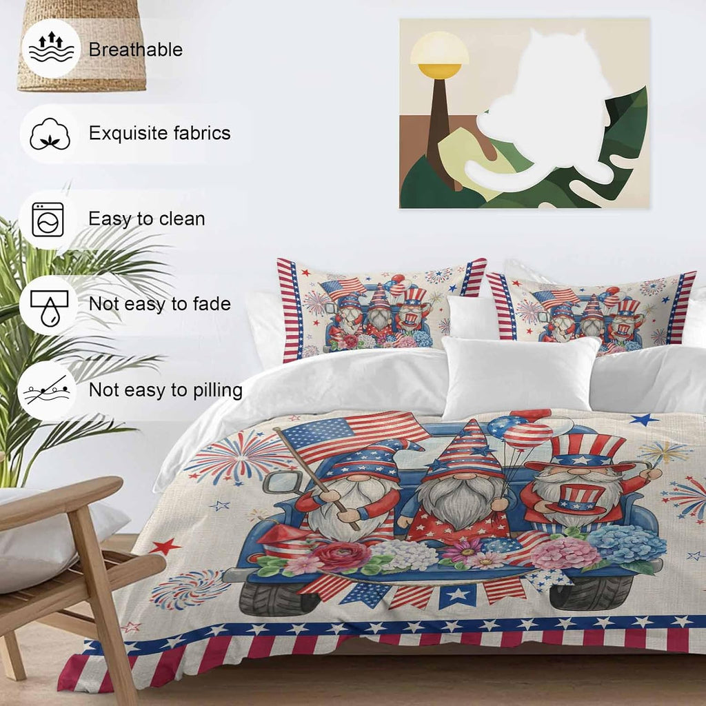 250th US Anniversary Duvet Cover Set Queen Size 4 Pieces Independence Day Gnomes Blue Truck Retro Bedding Set with Zipper Closure, 1 Comforter Cover 90x92 Inches 1 Flat Sheet & 2 Pillow Cases