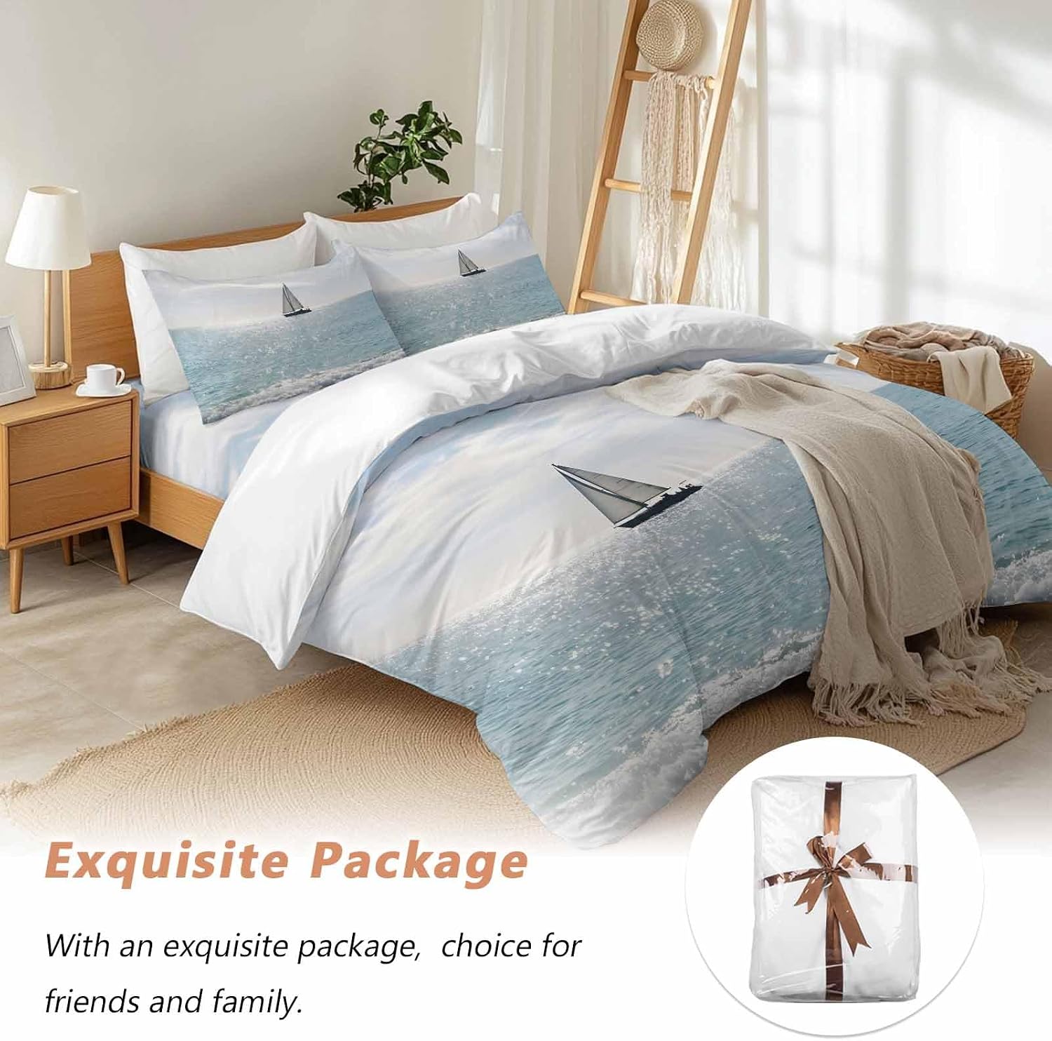 Nature Seascape Duvet Cover Set Queen Size 4 Pieces Sailboats Blue Waves Cloud Sky Ocean Surface Bedding Set with Zipper Closure, 1 Comforter Cover 90x92 Inches 1 Flat Sheet & 2 Pillow Cases