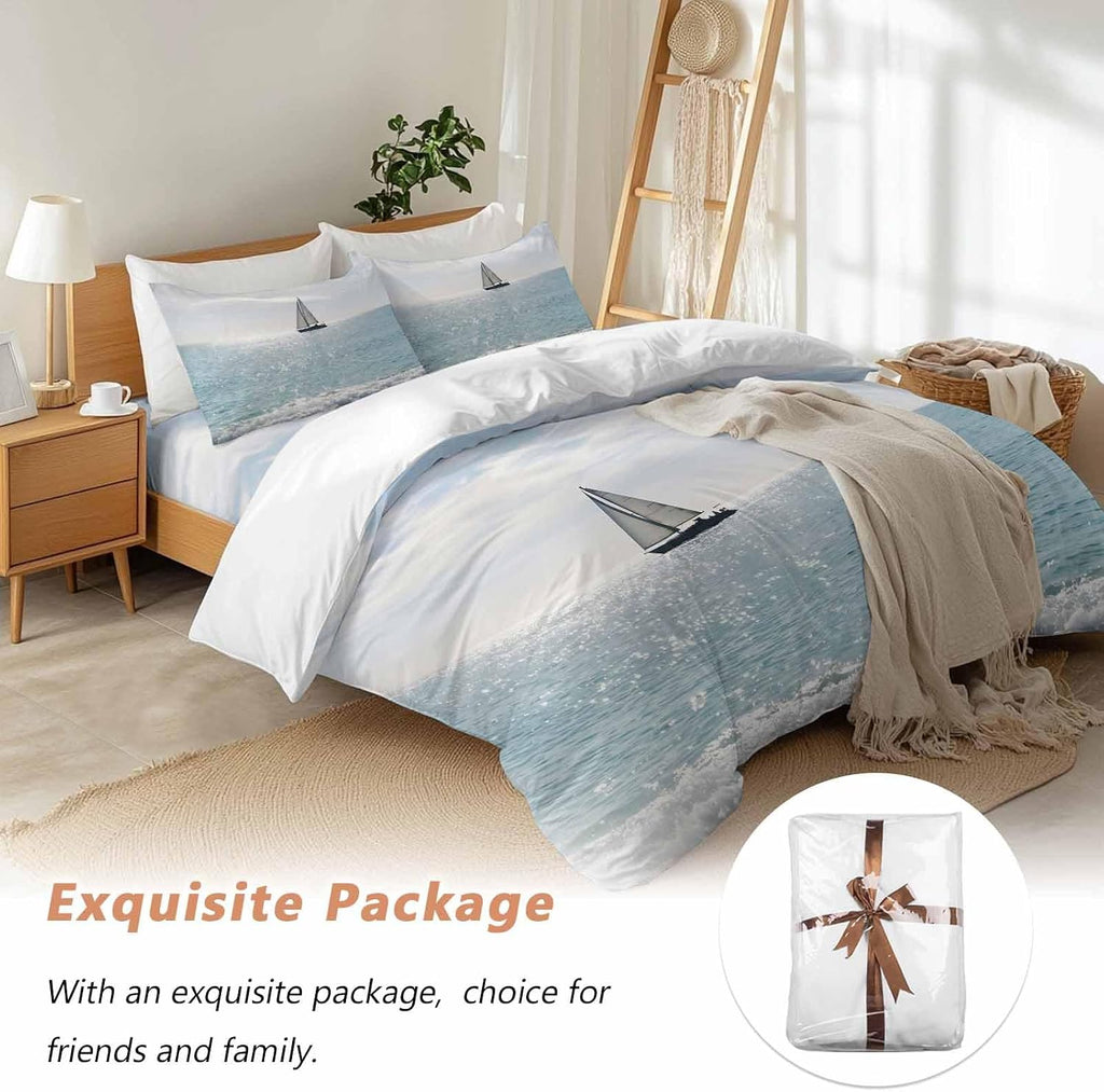 Nature Seascape Duvet Cover Set Queen Size 4 Pieces Sailboats Blue Waves Cloud Sky Ocean Surface Bedding Set with Zipper Closure, 1 Comforter Cover 86x86 Inches 1 Flat Sheet & 2 Pillow Cases