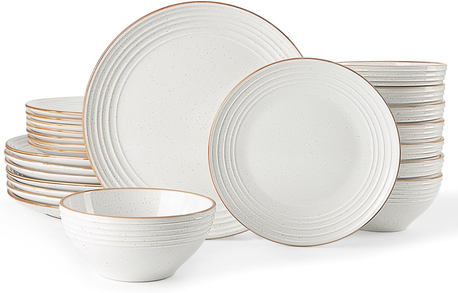 Famiware Jupiter 24-Piece Stoneware Dinnerware Set, Handcrafted Plates and Bowls with Speckles & Embossed Swirls, Chip/Scratch Resistant, Microwave/Dishwasher Safe, Rustic Dishes, Service for 8, White