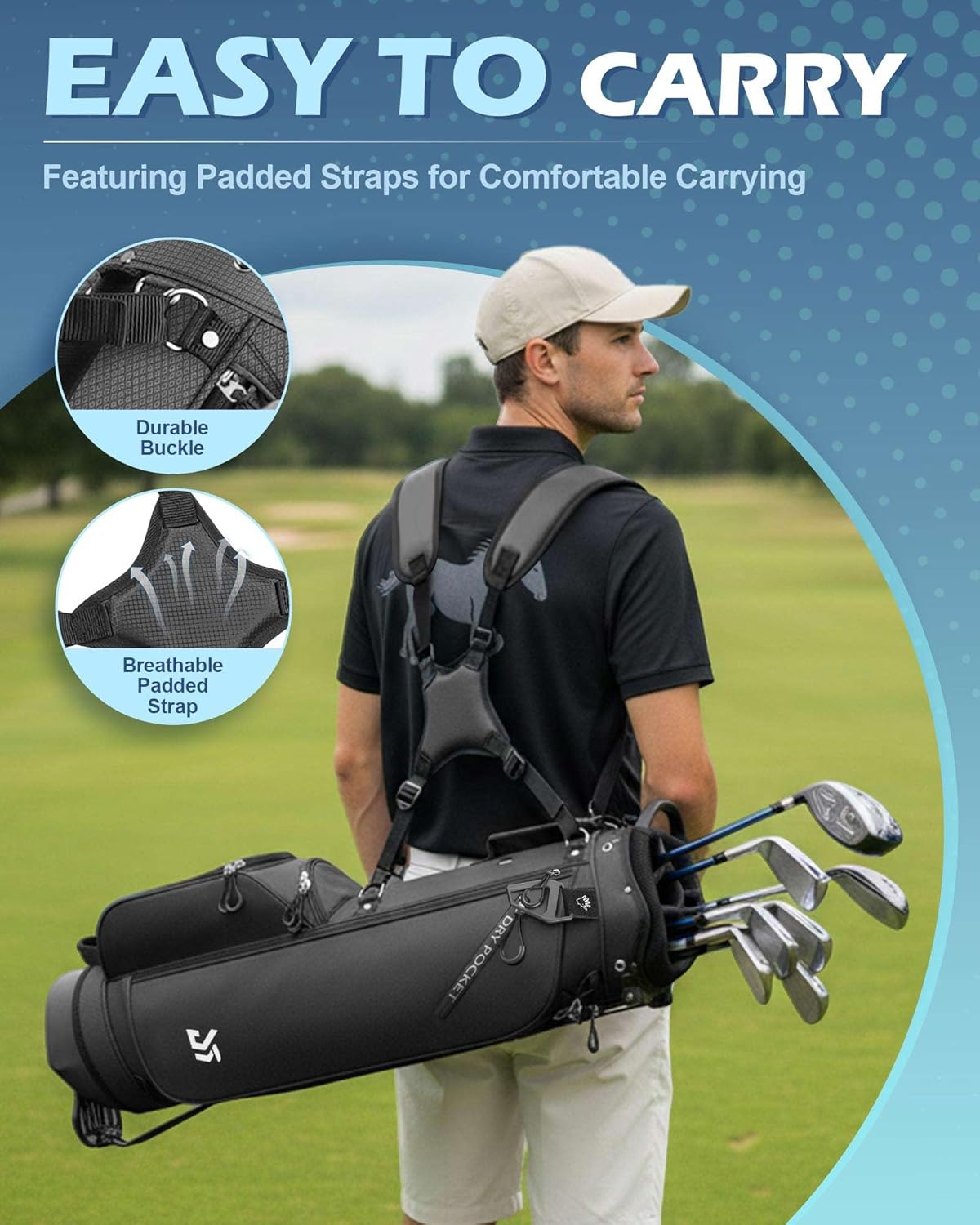 Golf Stand Bag with Cooler Pocket, Lightweight Sunday Carry Bag with Glove Patch & Tee Holder, Portable for Driving Range & Par 3 Course, Men & Women