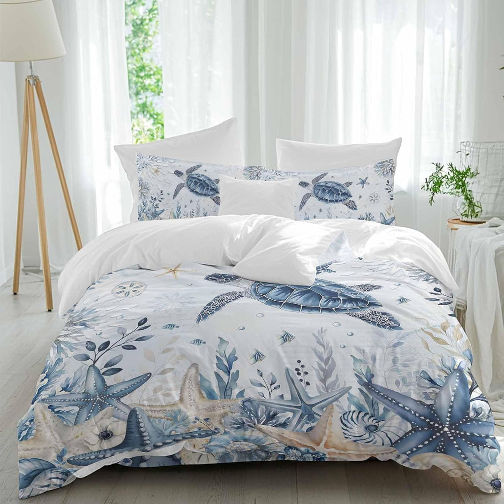 Prime Leader Ocean Turtles Duvet Cover Set Queen Size 4 Pieces Blue Yellow Sea Star Shell Coral Blue Bedding Set with Zipper Closure, 1 Comforter Cover 86x86 Inches 1 Flat Sheet & 2 Pillow Cases