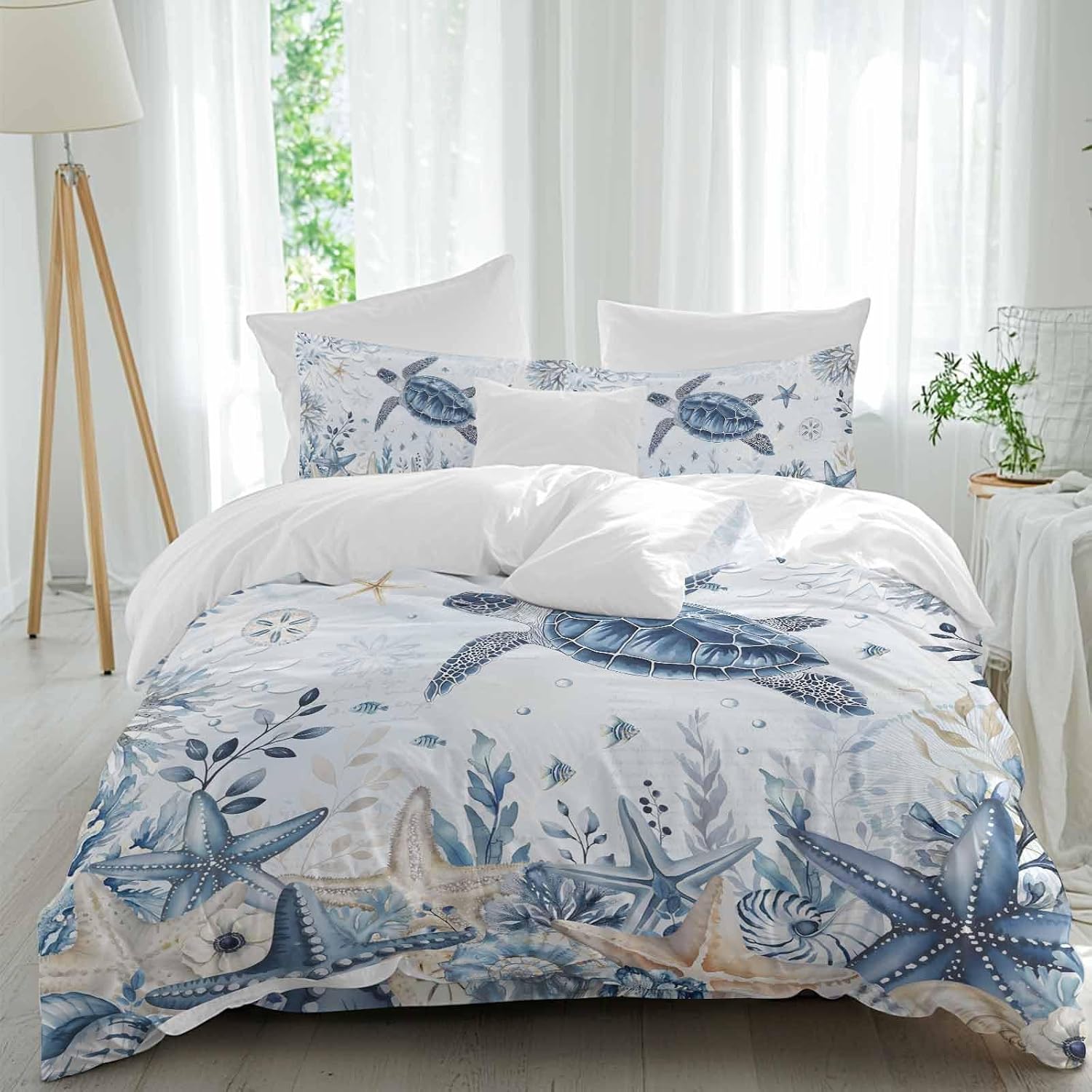 Prime Leader Ocean Turtles Duvet Cover Set Queen Size 4 Pieces Blue Yellow Sea Star Shell Coral Blue Bedding Set with Zipper Closure, 1 Comforter Cover 86x86 Inches 1 Flat Sheet & 2 Pillow Cases
