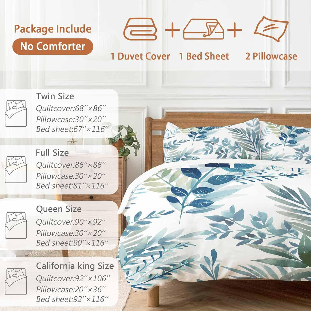 Spring Leaves Duvet Cover Set Queen Size 4 Pieces Watercolor Blue Green Leaf Plant Branch Bedding Set with Zipper Closure, 1 Comforter Cover 90x92 Inches 1 Flat Sheet & 2 Pillow Cases