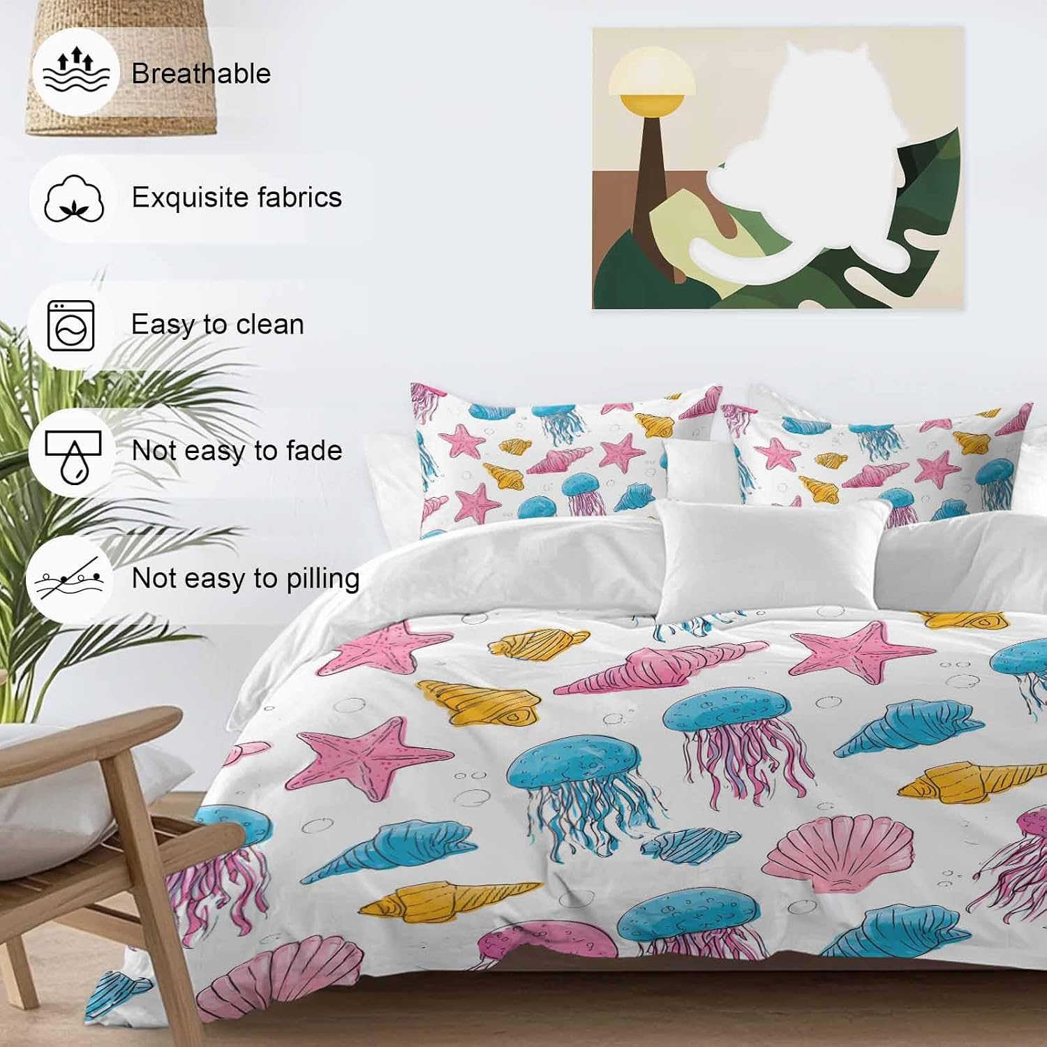 Marine Life Duvet Cover Set Queen Size 4 Pieces Nautical Ocean Pink Blue Yellow Jellyfish Starfish Shell Bedding Set with Zipper Closure, 1 Comforter Cover 92x106 Inches 1 Flat Sheet & 2 Pillow Cases