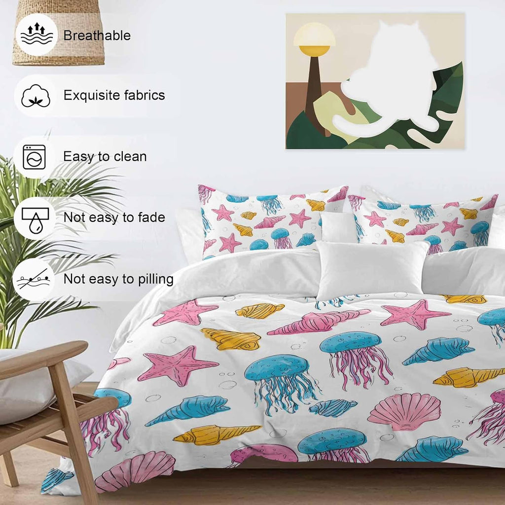 Marine Life Duvet Cover Set Queen Size 4 Pieces Nautical Ocean Pink Blue Yellow Jellyfish Starfish Shell Bedding Set with Zipper Closure, 1 Comforter Cover 86x86 Inches 1 Flat Sheet & 2 Pillow Cases