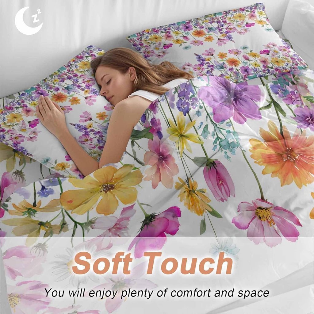 Spring Floral Duvet Cover Set Queen Size 4 Pieces Romantic Colorful Flowers Watercolor Country Leaf Bedding Set with Zipper Closure, 1 Comforter Cover 86x86 Inches 1 Flat Sheet & 2 Pillow Cases